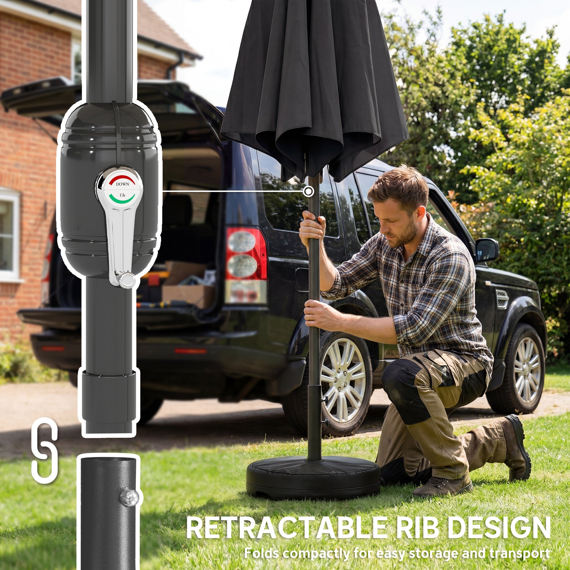 Outsunny 2.7 m Garden Parasol Umbrella with Cross Base and Sandbag, Retractable Ribs, Outdoor Table Market Umbrella, Black
