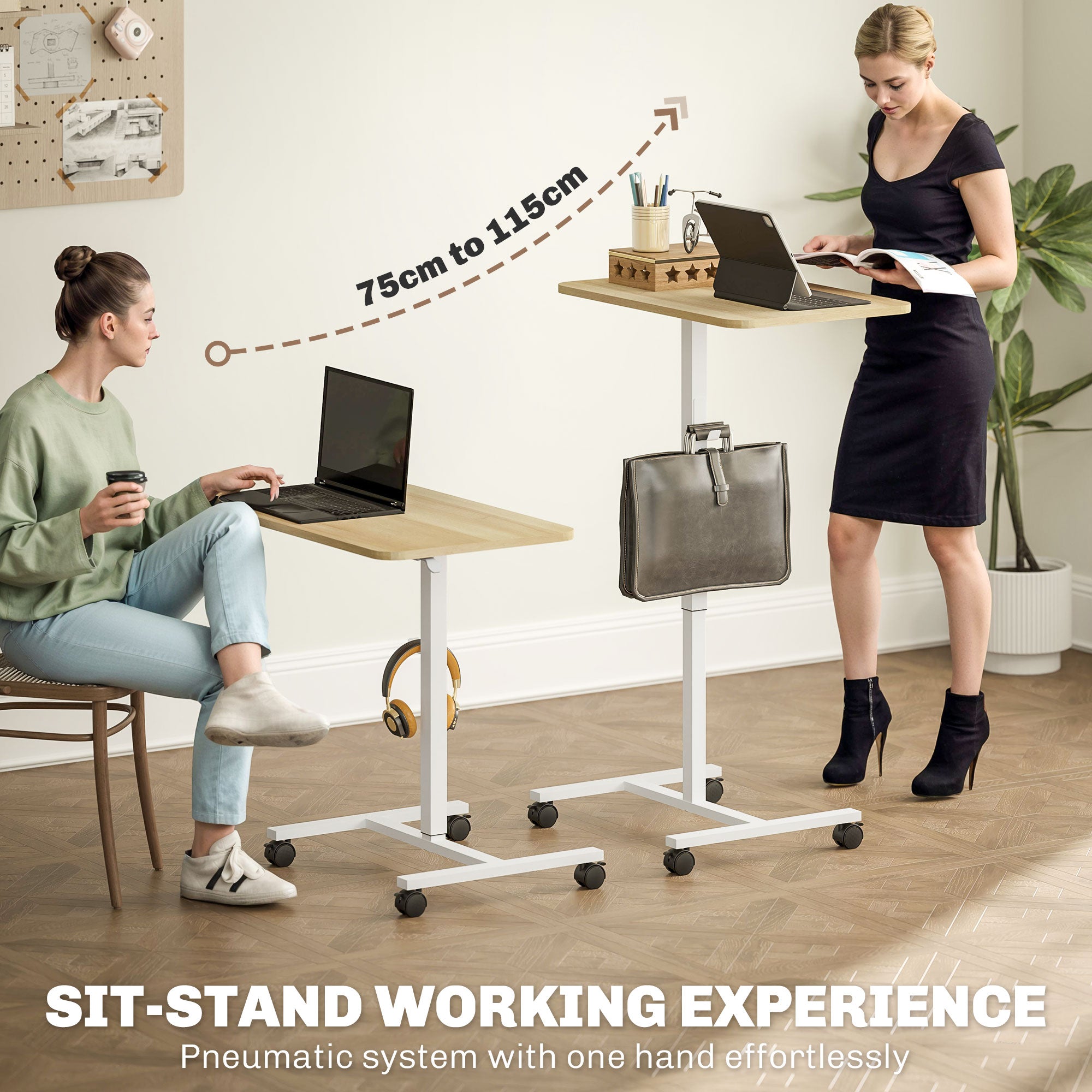 HOMCOM 75-115cm Manual Adjustable Sit-To-Stand Desk - White/Wood-Effect - North Peak Garden Furniture