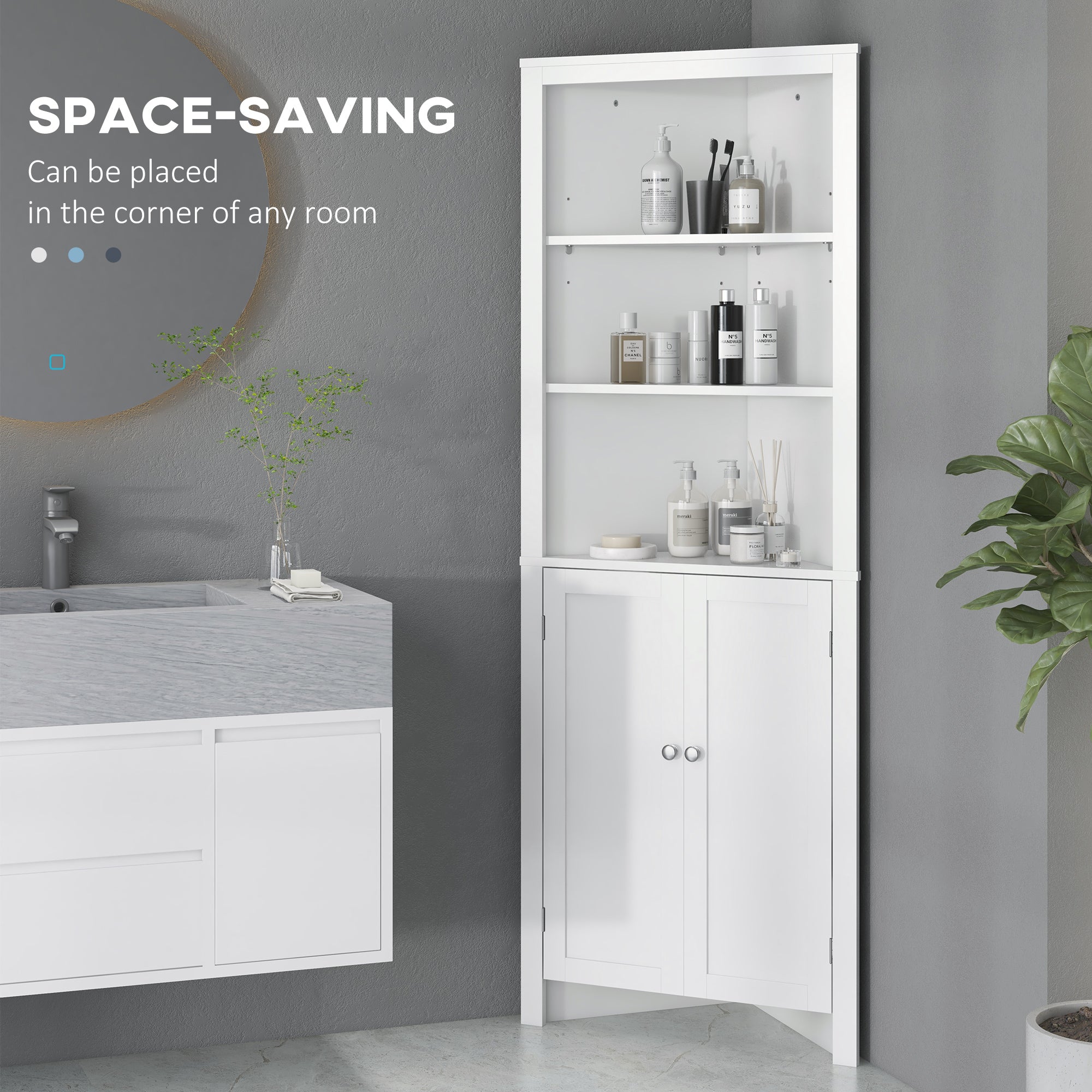 kleankin Triangle Bathroom Cabinet, Corner Bathroom Storage Unit with Cupboard and 3-Tier Shelves, Free Standing, White - North Peak Garden Furniture
