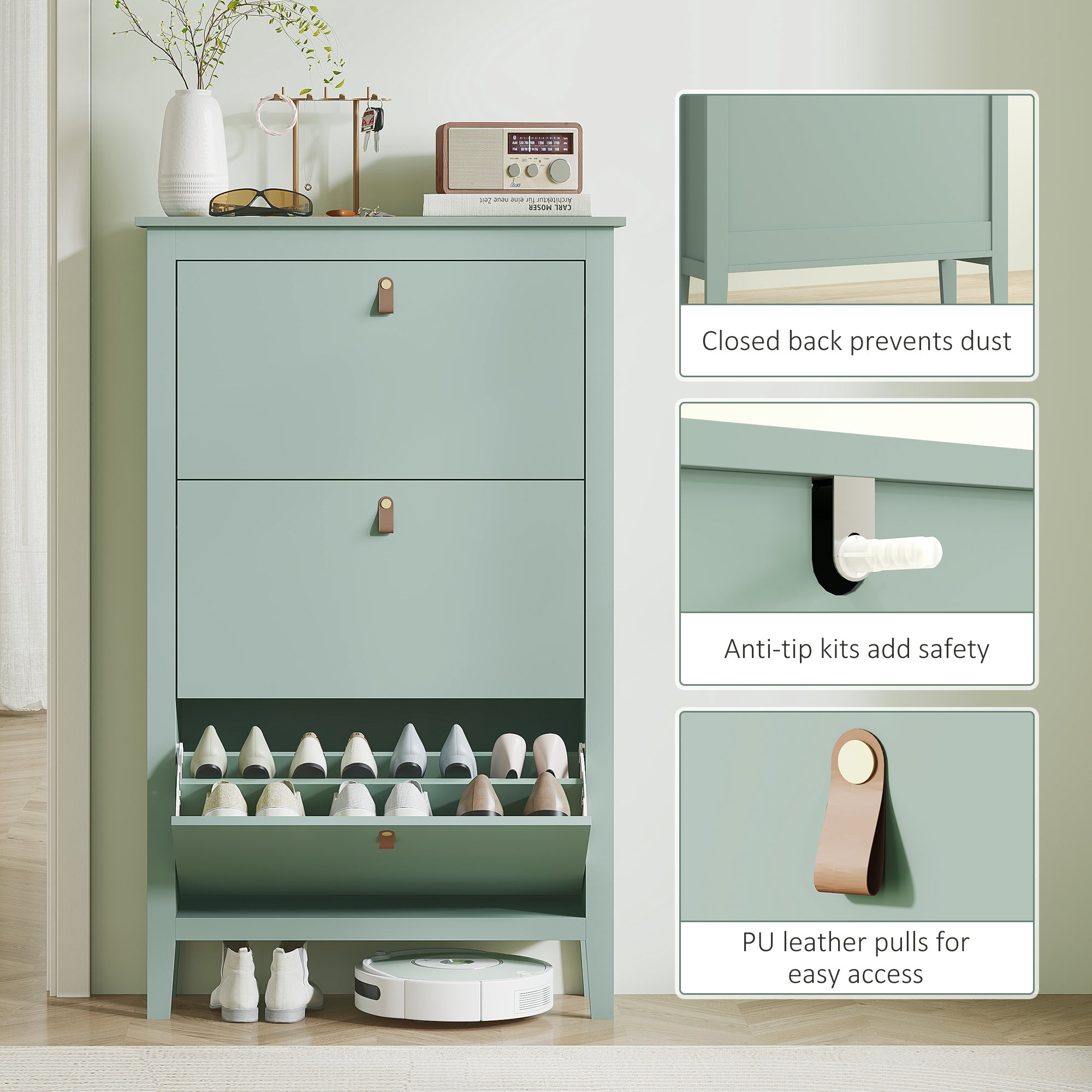 HOMCOM Modern Three-Drawer Shoe Cabinet - Green - North Peak Garden Furniture