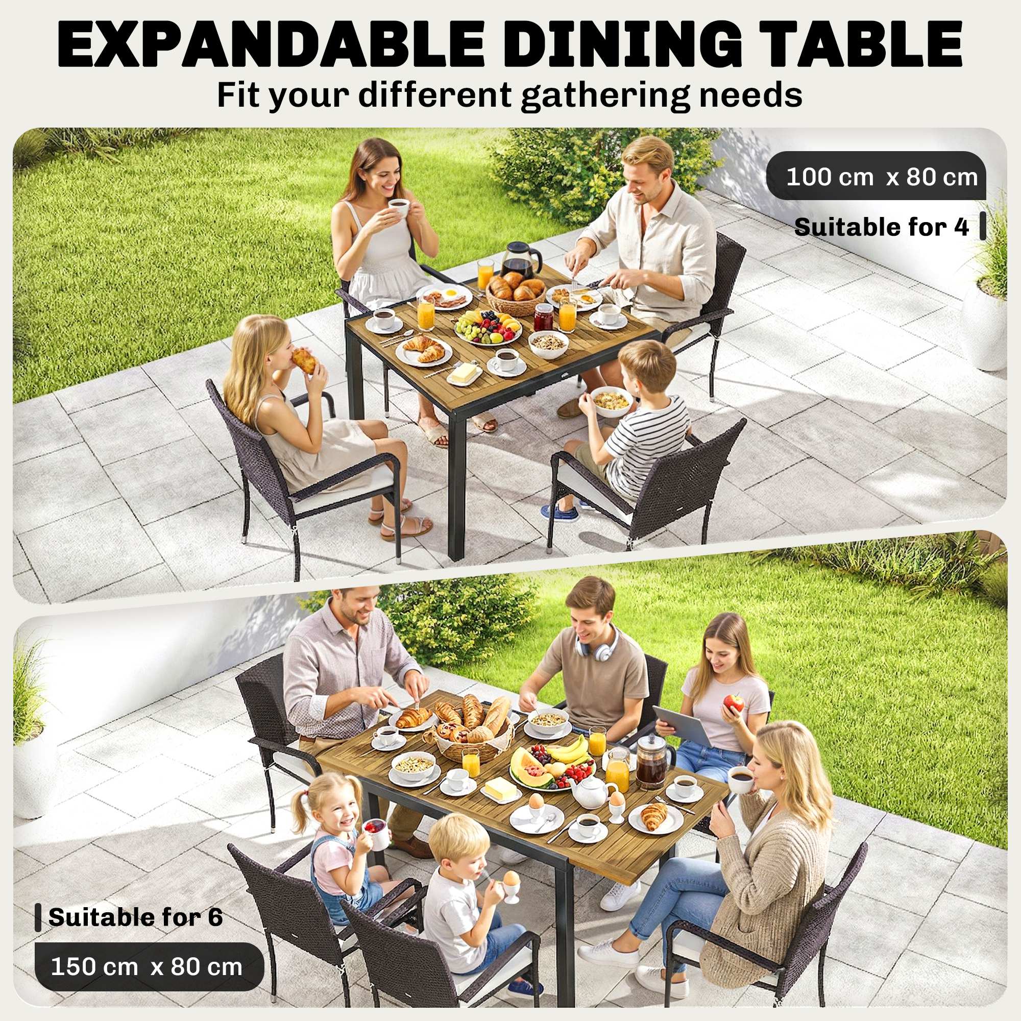 Outsunny 7 Piece Rattan Garden Furniture Set, 6 Seater Garden Table and 6 Stackable Chairs with Extendable Acacia Wood Tabletop