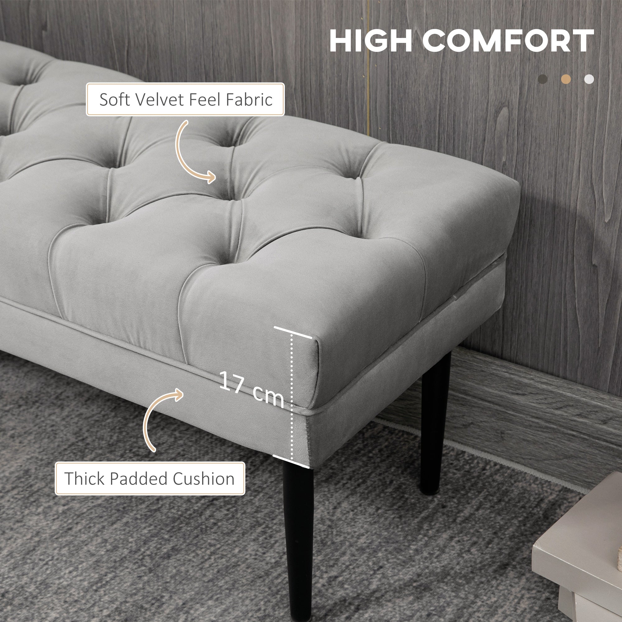 HOMCOM Velvet Bed End Bench, Button Tufted Window Seat, Hallway Shoe Bench, Upholstered Accent Lounge Chair Stool for Living Room, Bedroom, Grey - North Peak Garden Furniture