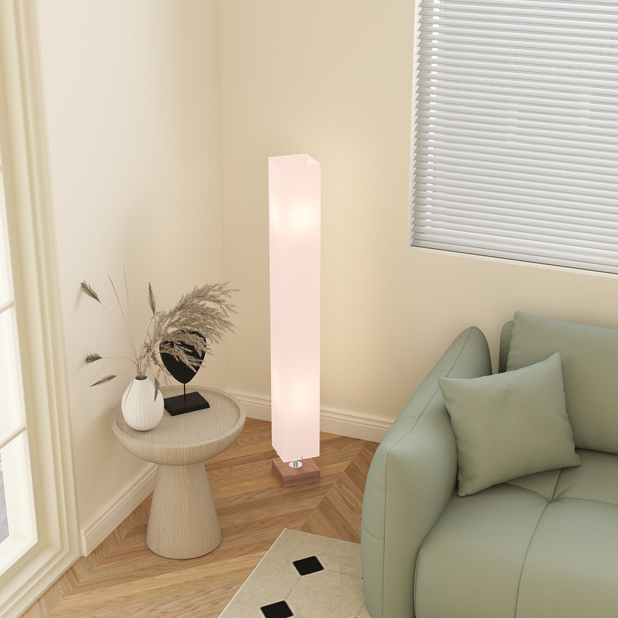 HOMCOM 120cm Tall Linen Floor Lamp w/ Wood Base Steel Frame 2 Bulbs Home Lighting Soft Atmospheric Stylish Modern Bedroom Land Cream - North Peak Garden Furniture