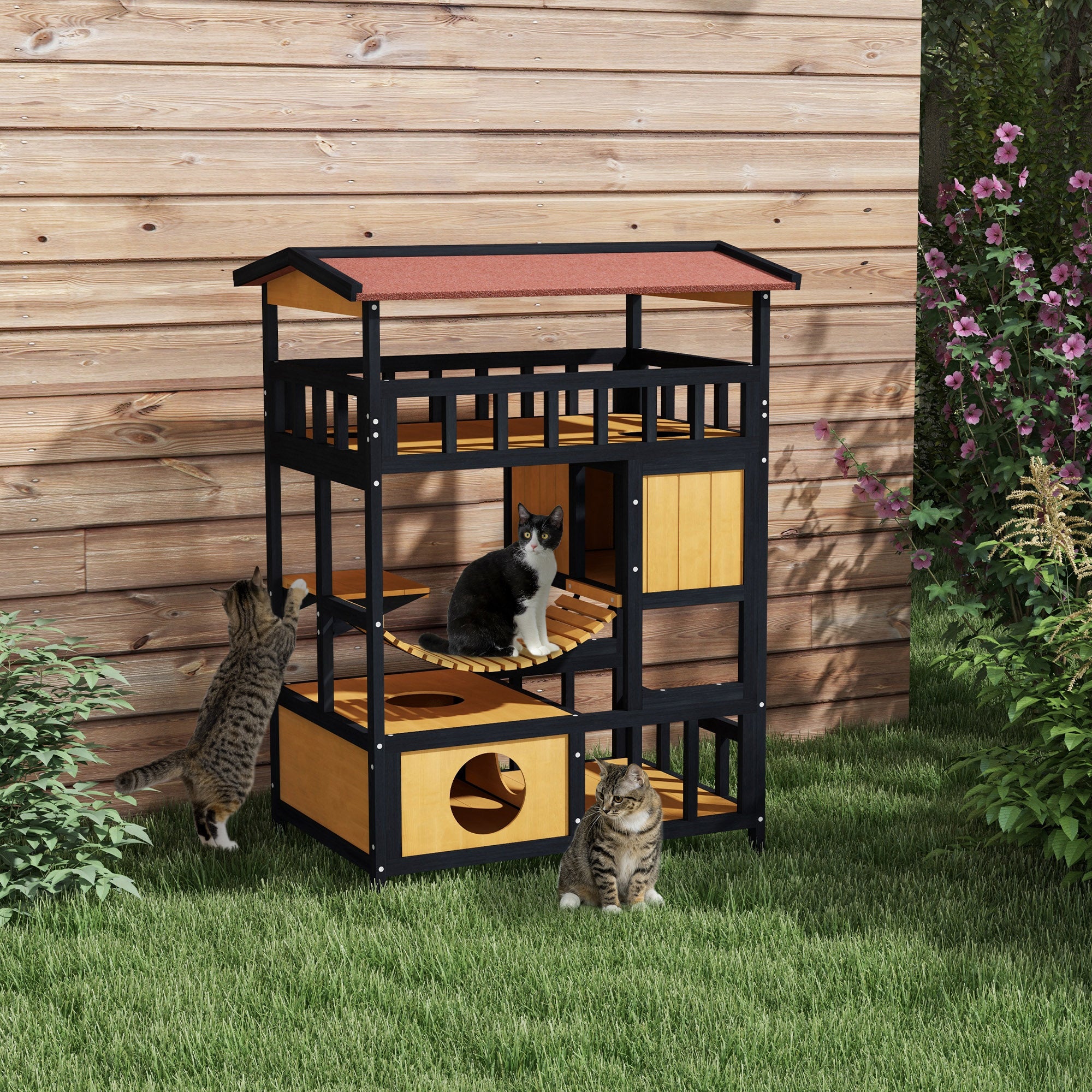 PawHut Outdoor Cat Shelter, Four-Tier Wooden Feral Cat House, with Suspension Bridge, Cat Houses, Balcony, Escape Doors - North Peak Garden Furniture