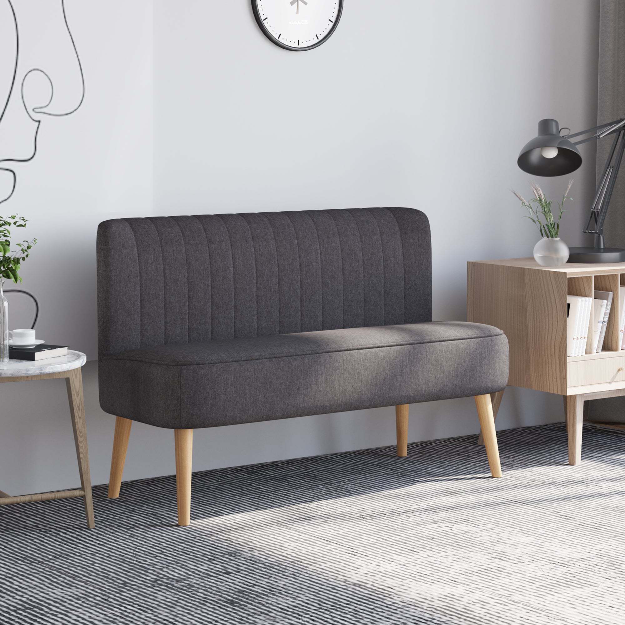 HOMCOM Modern Double Seat Sofa Loveseat Couch 2 Seater Compact Sofa Padded Linen Wood Leg Dark Grey - North Peak Garden Furniture