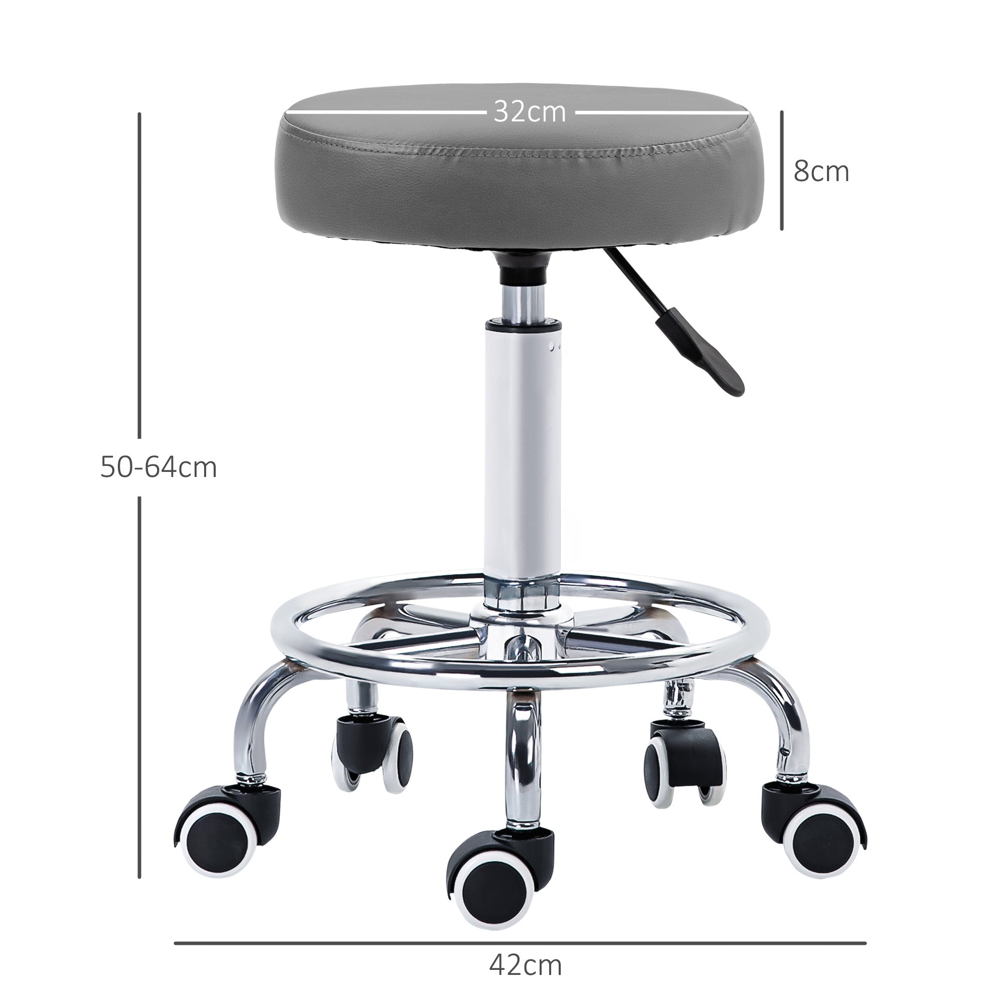 Vinsetto PU Leather Rolling Stool, Height Adjustable Stool Chair with Wheels for Salon, Massage, Spa, Grey - North Peak Garden Furniture