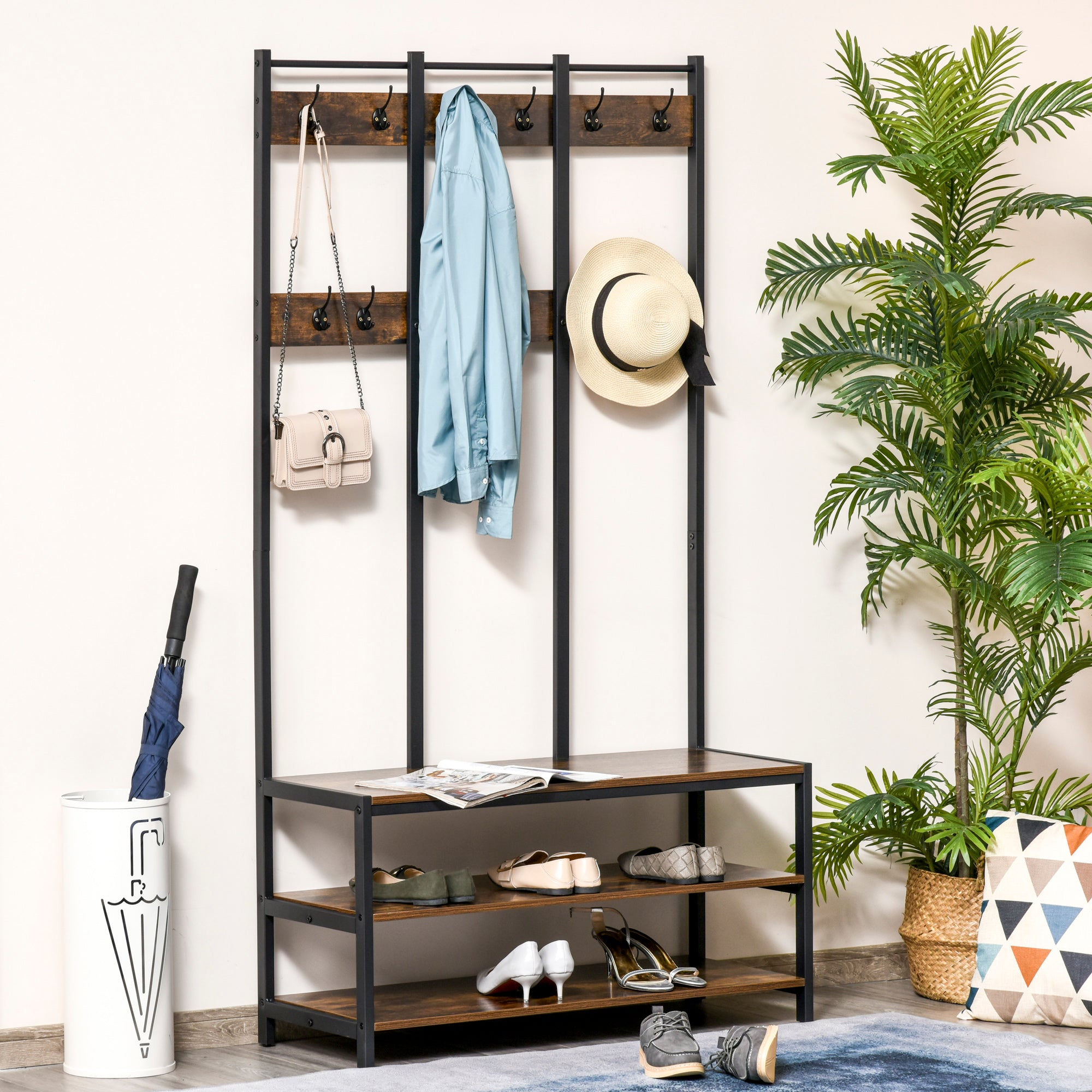 HOMCOM Coat Rack Stand, Free Standing Hall Tree, Coat Stand with Hooks, Bench and Shoe Rack, 100cm x 40cm x 184cm, Industrial Style, Rustic Brown and Black - North Peak Garden Furniture