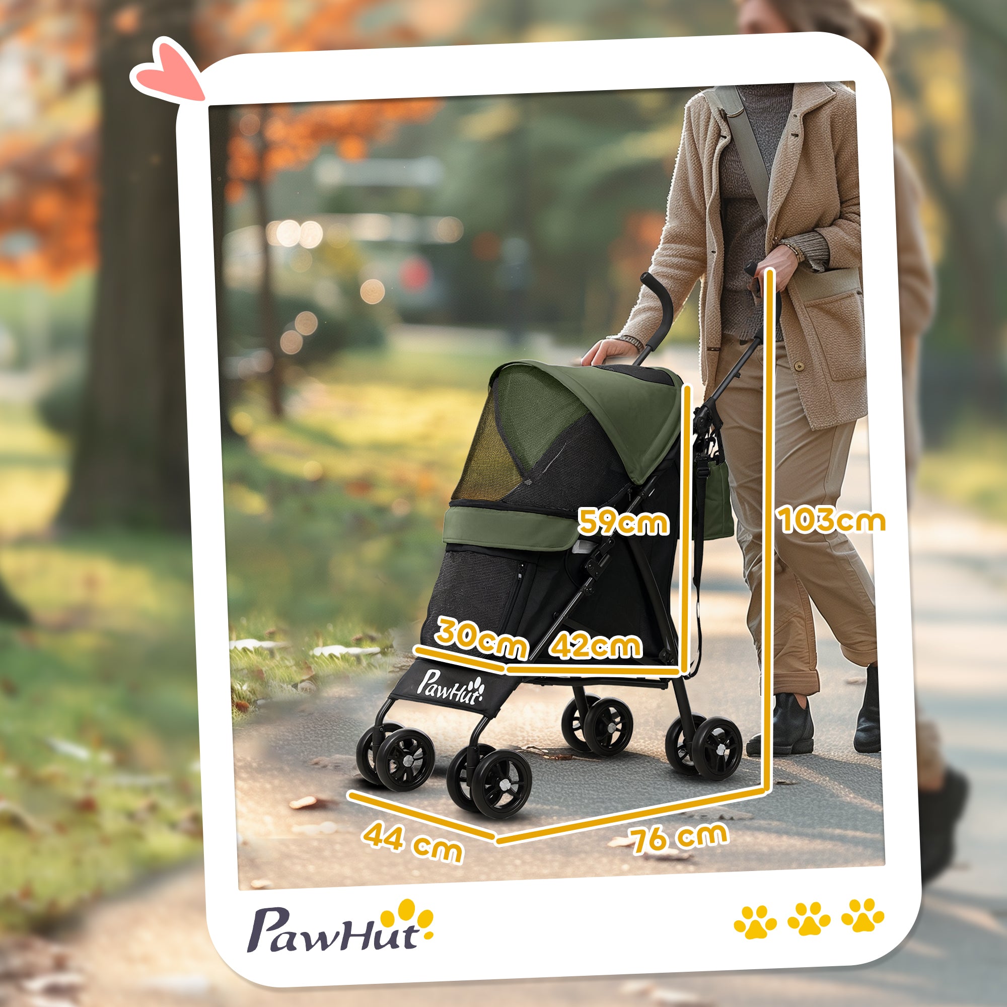 PawHut Umbrella Structure Dog Stroller, Lightweight & Portable Dog Pram w/ Shoulder Strap, Storage Bag & Cup Holder, Dark Green - North Peak Garden Furniture