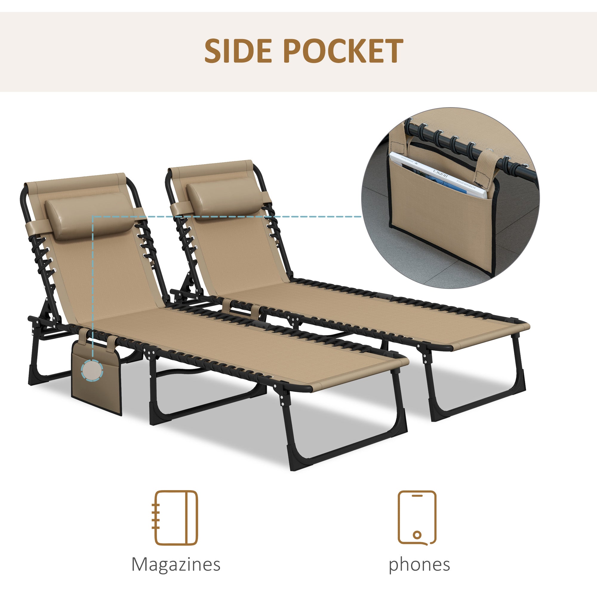 Outsunny Portable Sun Lounger Set of 2, Folding Camping Bed Cot, Reclining Lounge Chair 5-position Adjustable Backrest with Side Pocket, Pillow for Patio Garden Beach Pool, Beige - North Peak Garden Furniture