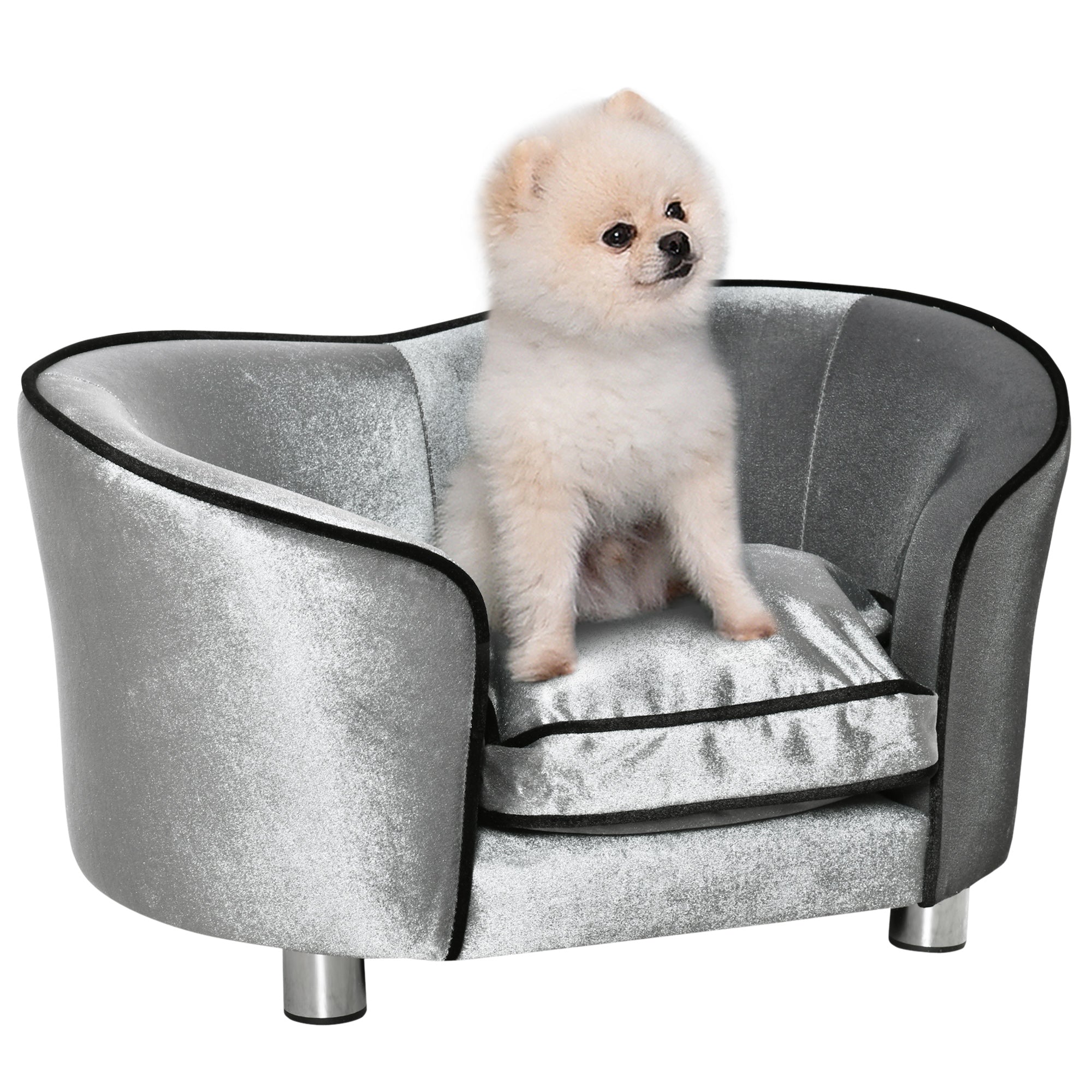 PawHut Dog Sofa Pet Chair, Kitten Bed Couch w/ Wooden Frame, Removable Cushion - Silver-Tone and Grey - North Peak Garden Furniture