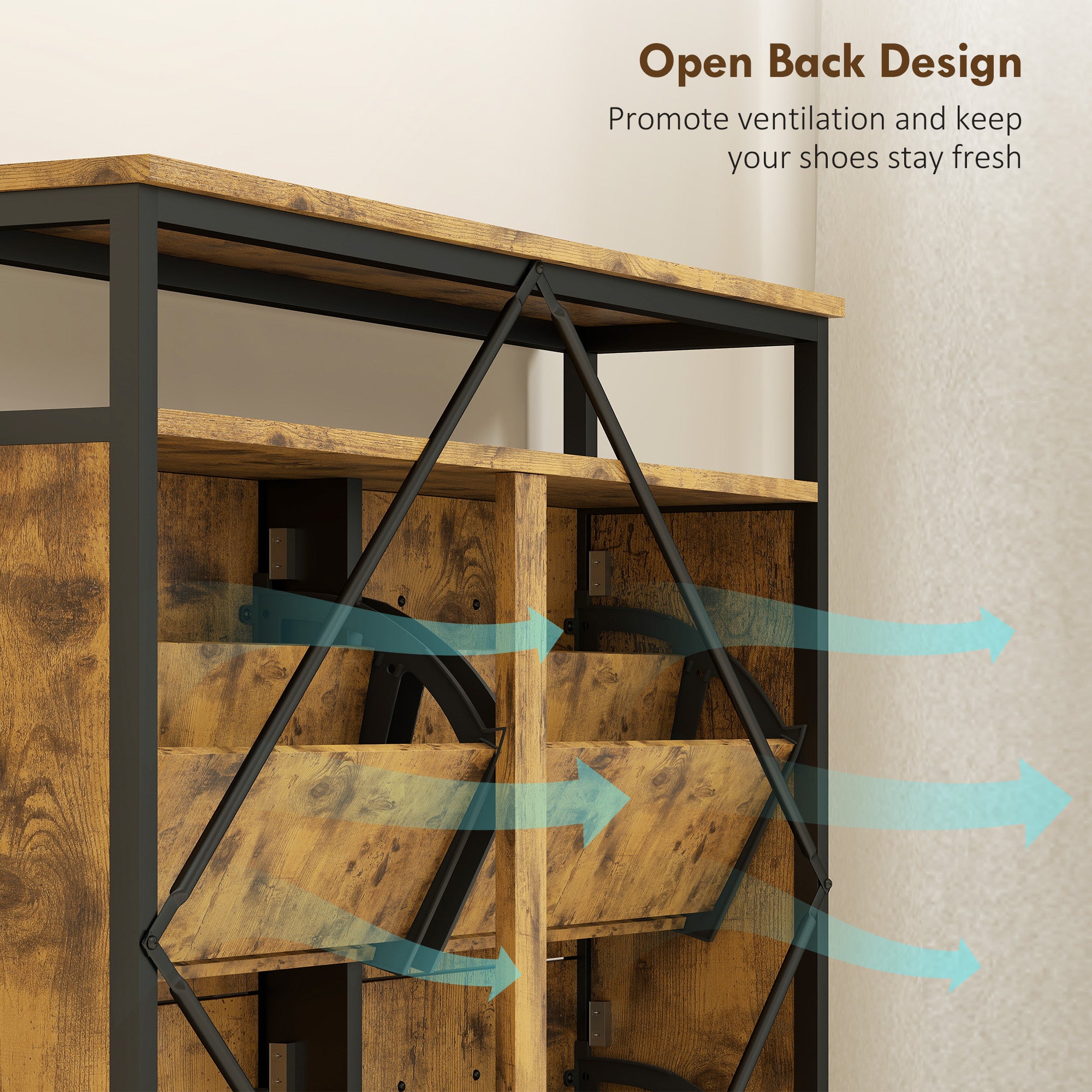 HOMCOM Shoe Storage Cabinet with 4 Flip Drawers and Open Shelf - Rustic Brown