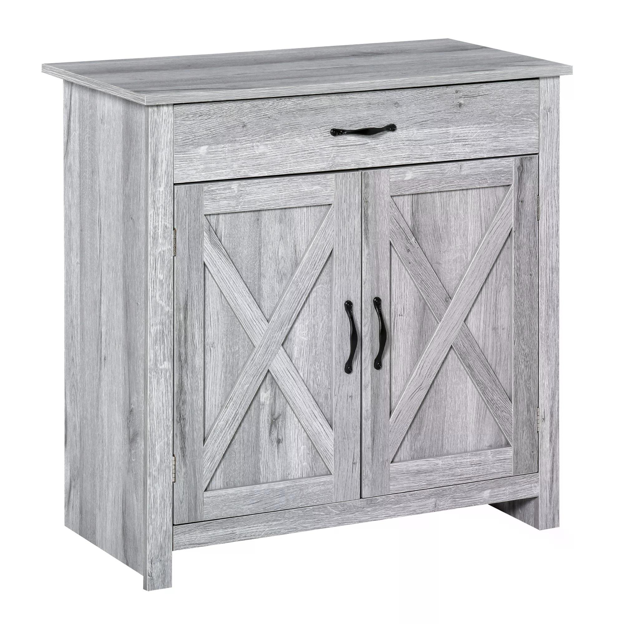 HOMCOM Farmhouse Barn Door Sideboard Storage Cabinet Coffee Bar for LIVING Room – Grey Grain