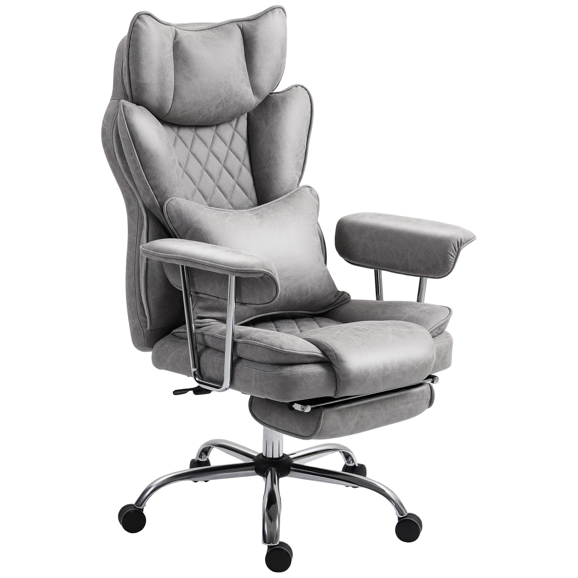 HOMCOM Leathaire Reclining Office Chair with Lumbar Support Pillow - Grey - North Peak Garden Furniture