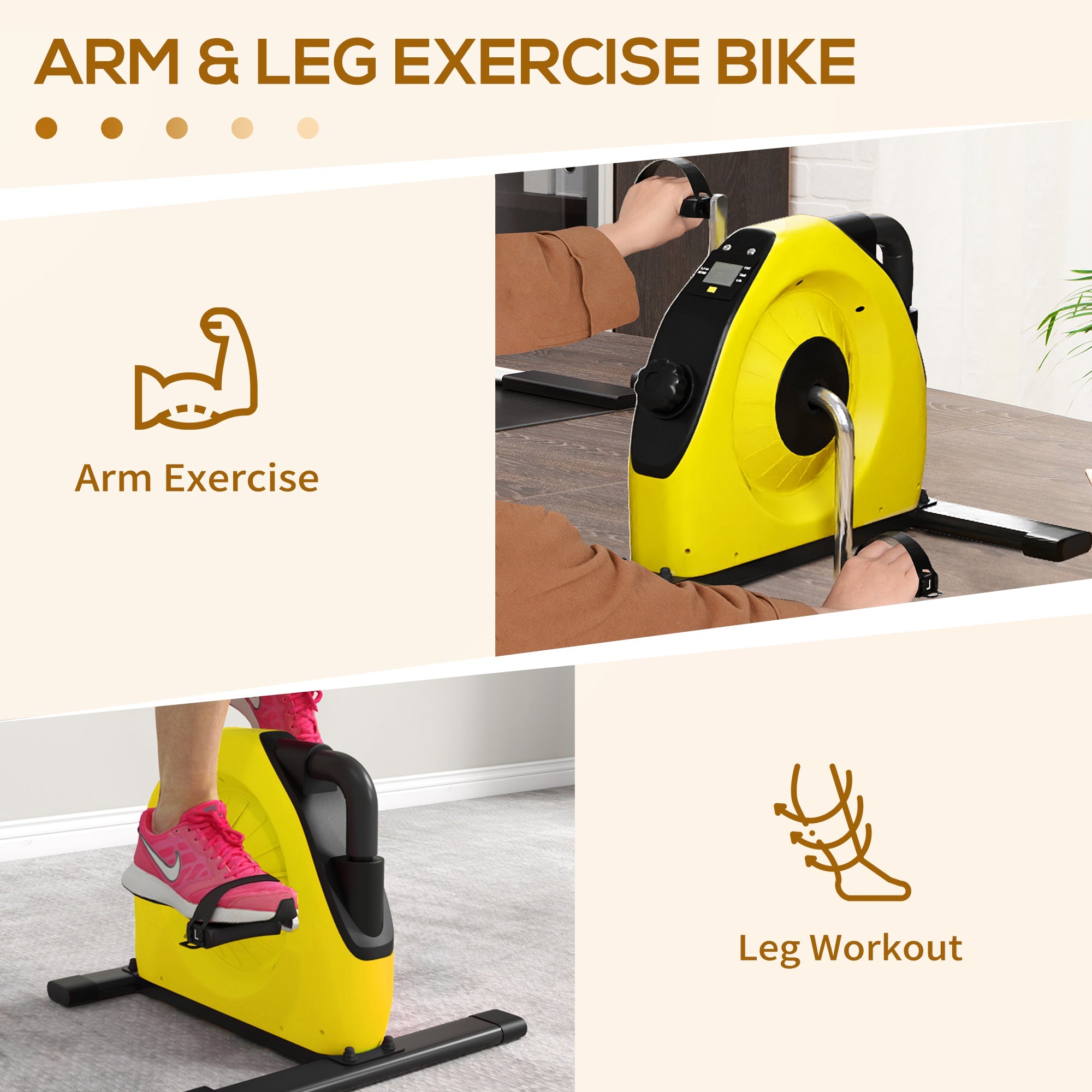 SPORTNOW Mini Exercise Bike, Portable Pedal Exerciser with LCD Display for Legs, Arms, Rehabilitation, Therapy, Yellow - North Peak Garden Furniture