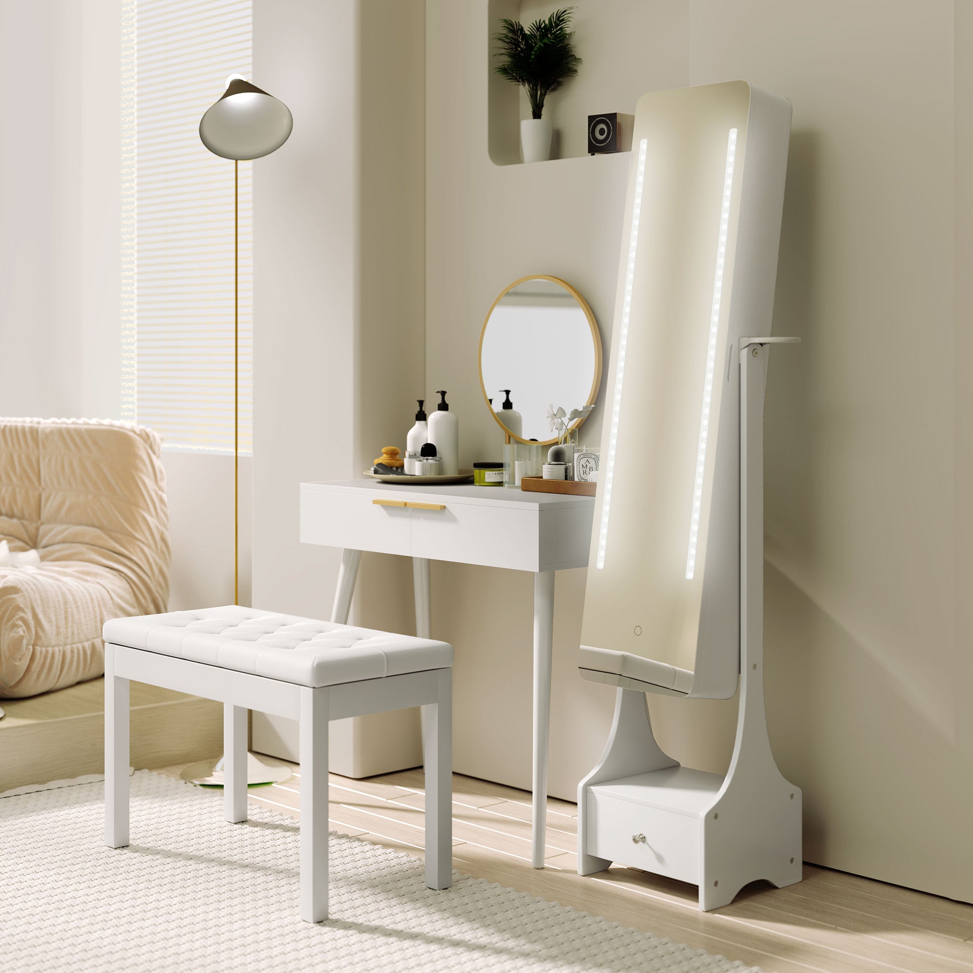 HOMCOM Jewellery Cabinet, Full Length Mirror with Storage, Free Standing Mirror with LED Lights, Hooks, Drawer and Hairdryer Holder for Bedroom, White