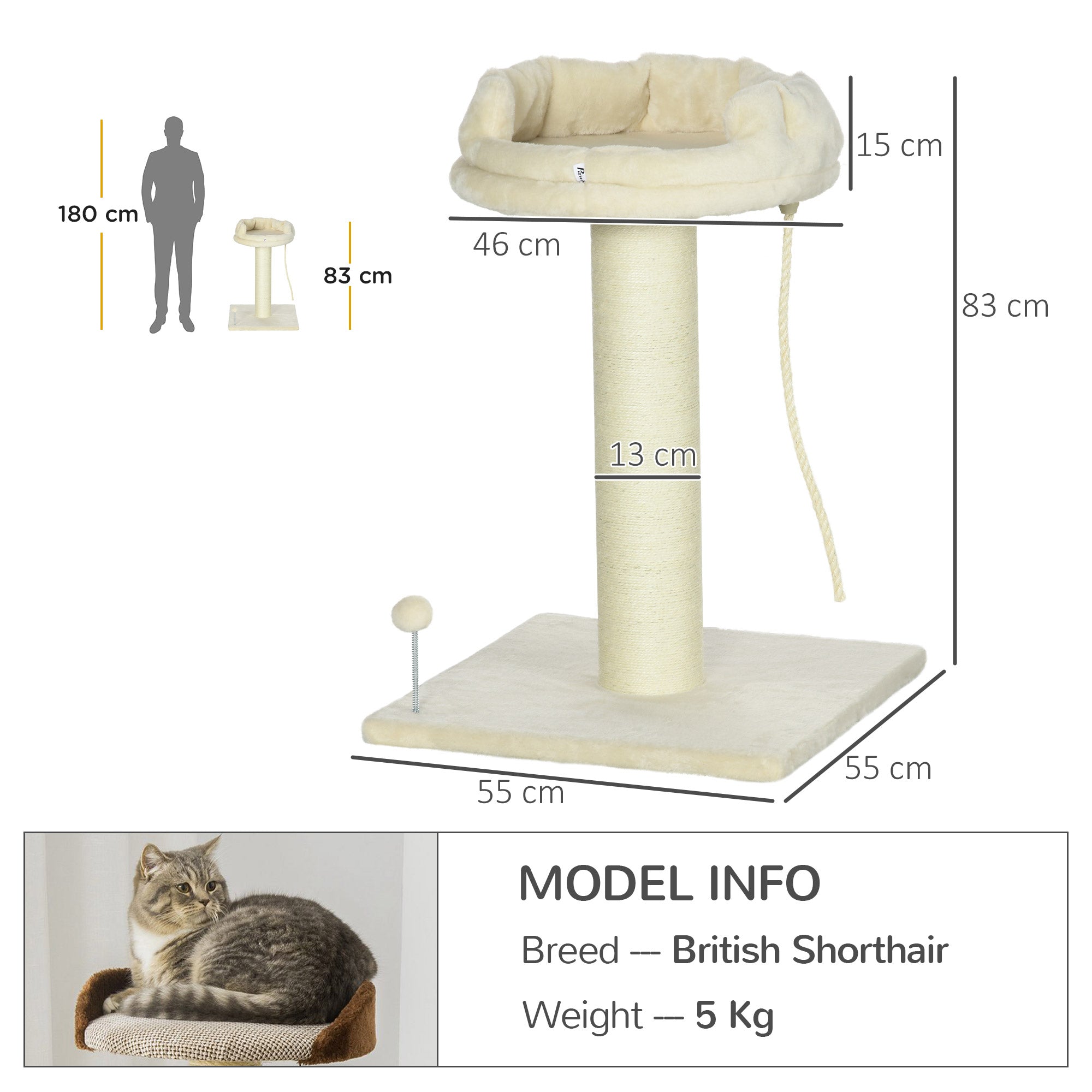 PawHut Cat Tree, with Sisal Wrapped Scratching Post - Cream - North Peak Garden Furniture