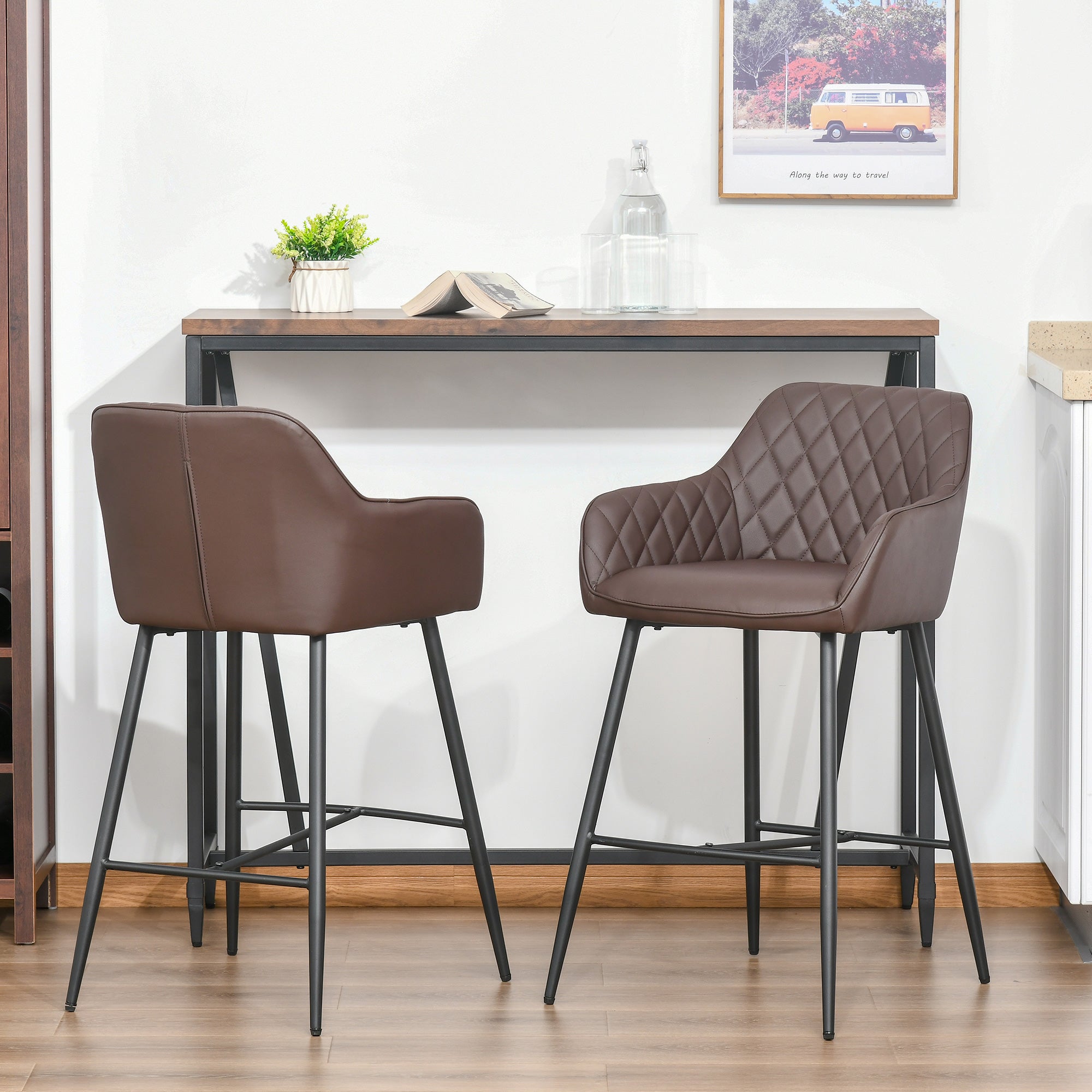 HOMCOM Set of 2 Bar stools Retro PU Leather Bar Chairs w/ Footrest Metal Frame Comfort Support Stylish Dining Seating Home Brown - North Peak Garden Furniture