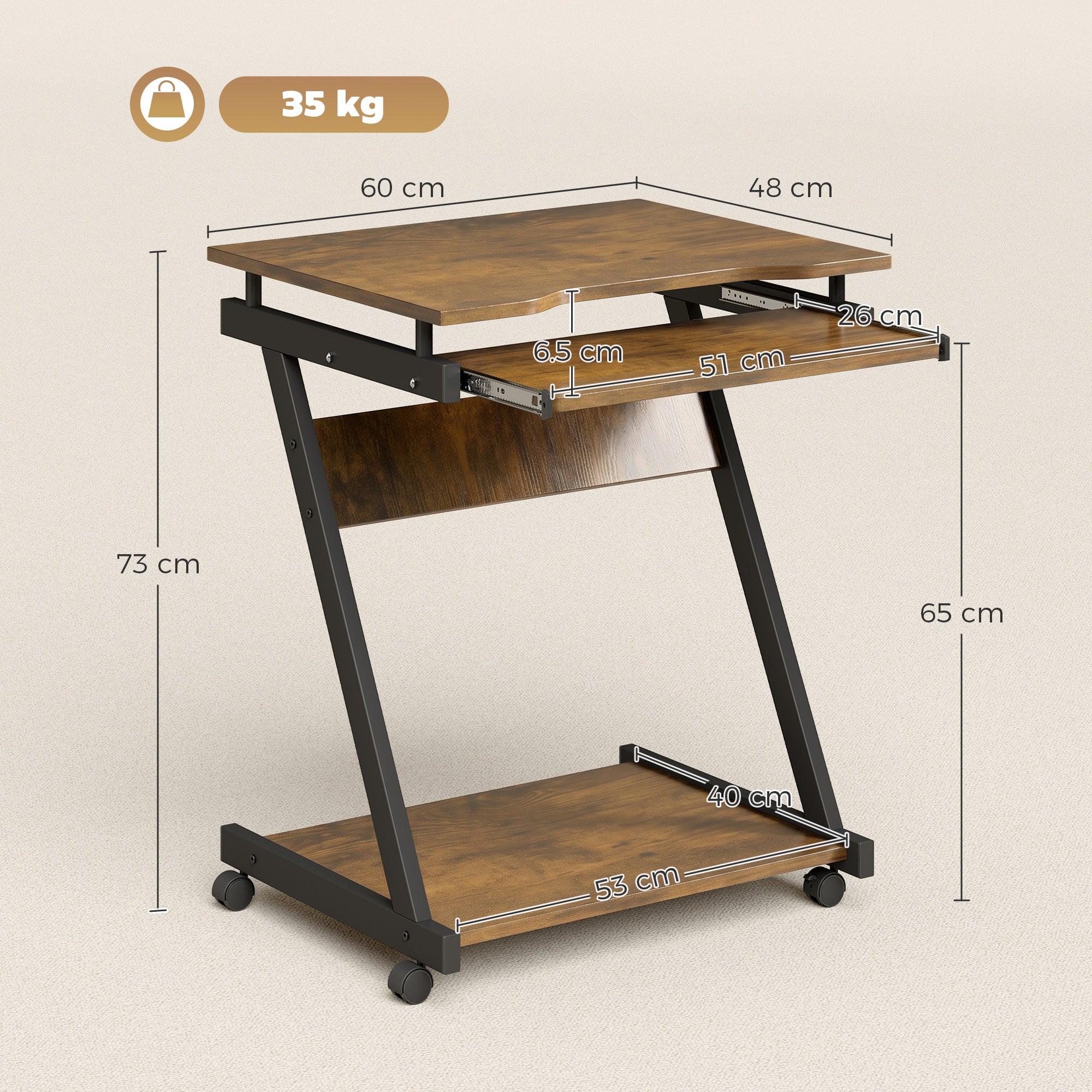 HOMCOM Movable Computer Desk with 4 Moving Wheels and Keyboard Tray