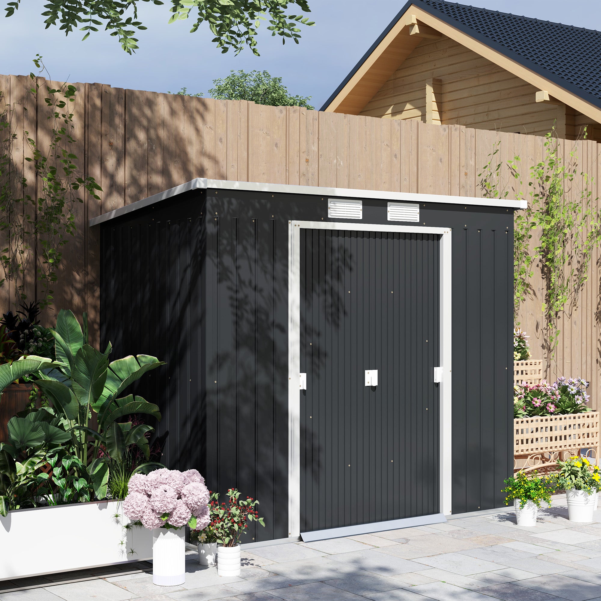 Outsunny Outdoor Lean to Garden Metal Equipment Tool Storage Shed w/ Foundation Kit, Double Door, Vents and Sloped Roof, Dark Grey