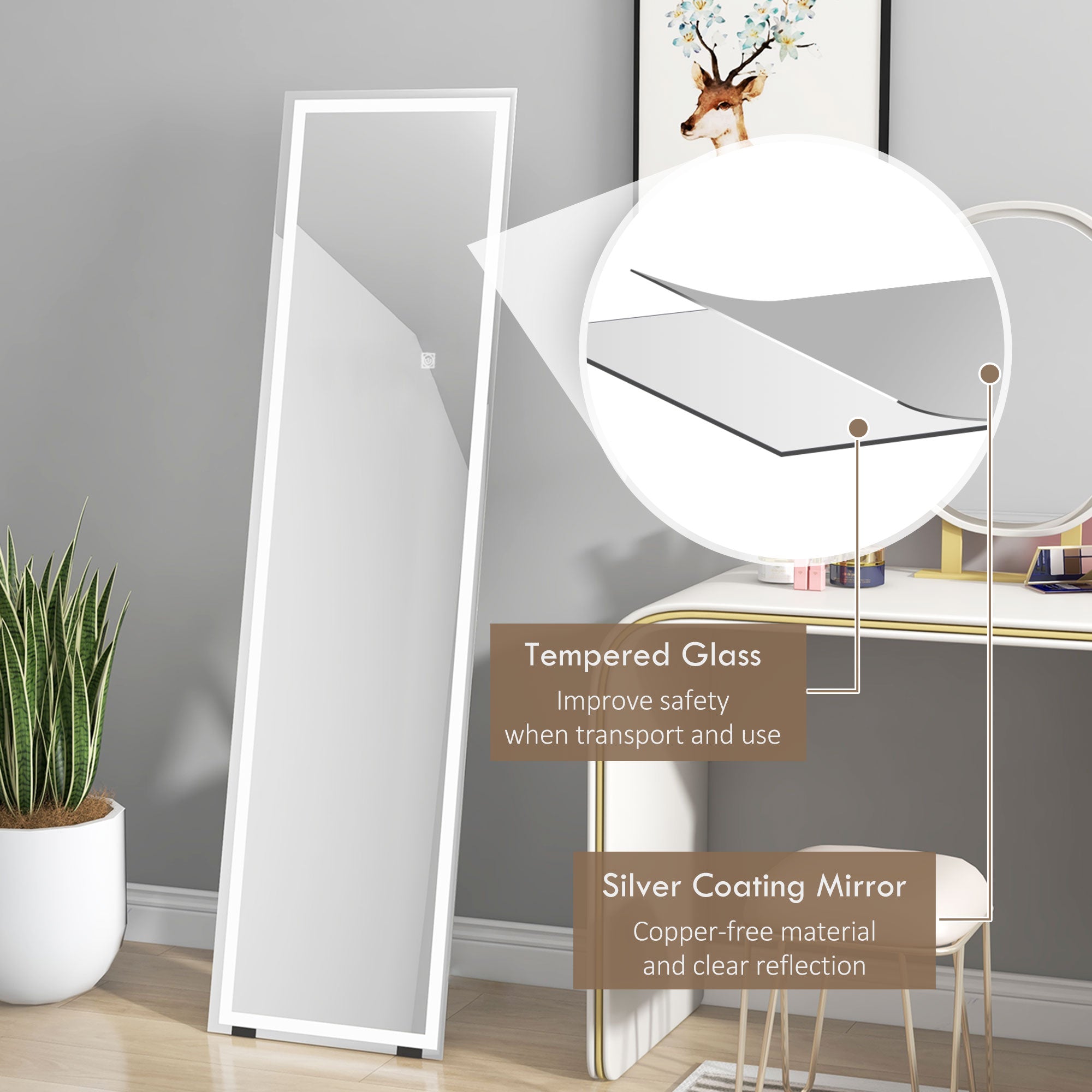 HOMCOM Standing Dressing Mirror with LED Lights, Wall Dressing Mirror for Bedroom with Dimmable and 3 Colour Lighting, White - North Peak Garden Furniture