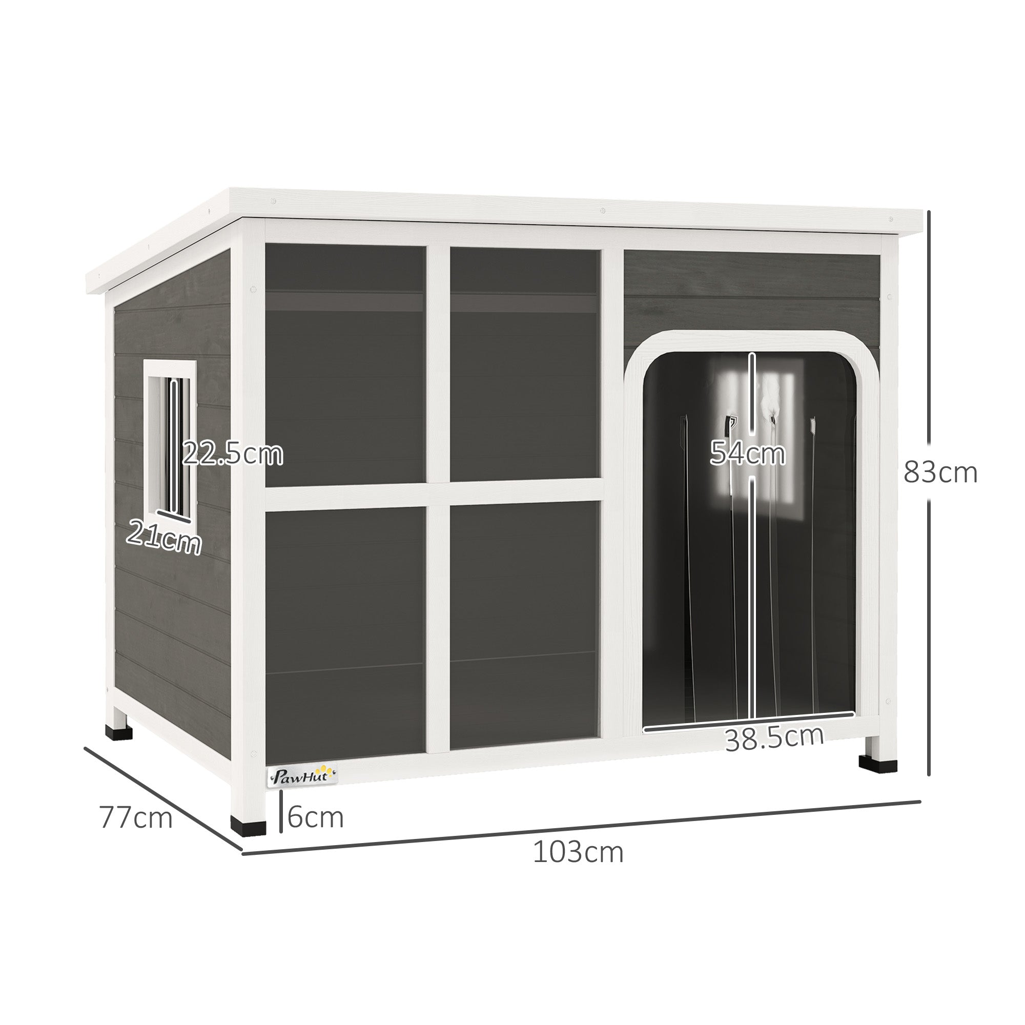 PawHut Wooden Dog House Outdoor with  Asphalt Openable Top, Removable Floor, Clear Front Panel, Curtain, 103 x 77 x 83cm