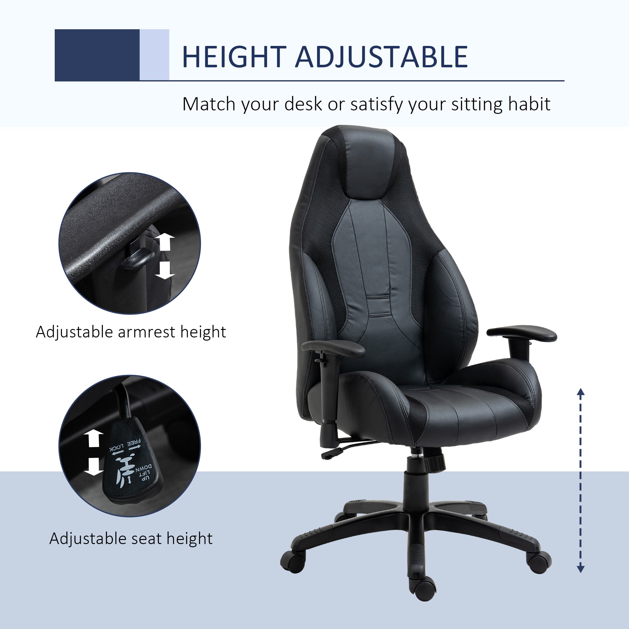 Vinsetto Racing Gaming Chair, Mesh & Faux Leather Computer Chair with High Back, Swivel Wheels, Adjustable Height and Armrest, Black - North Peak Garden Furniture