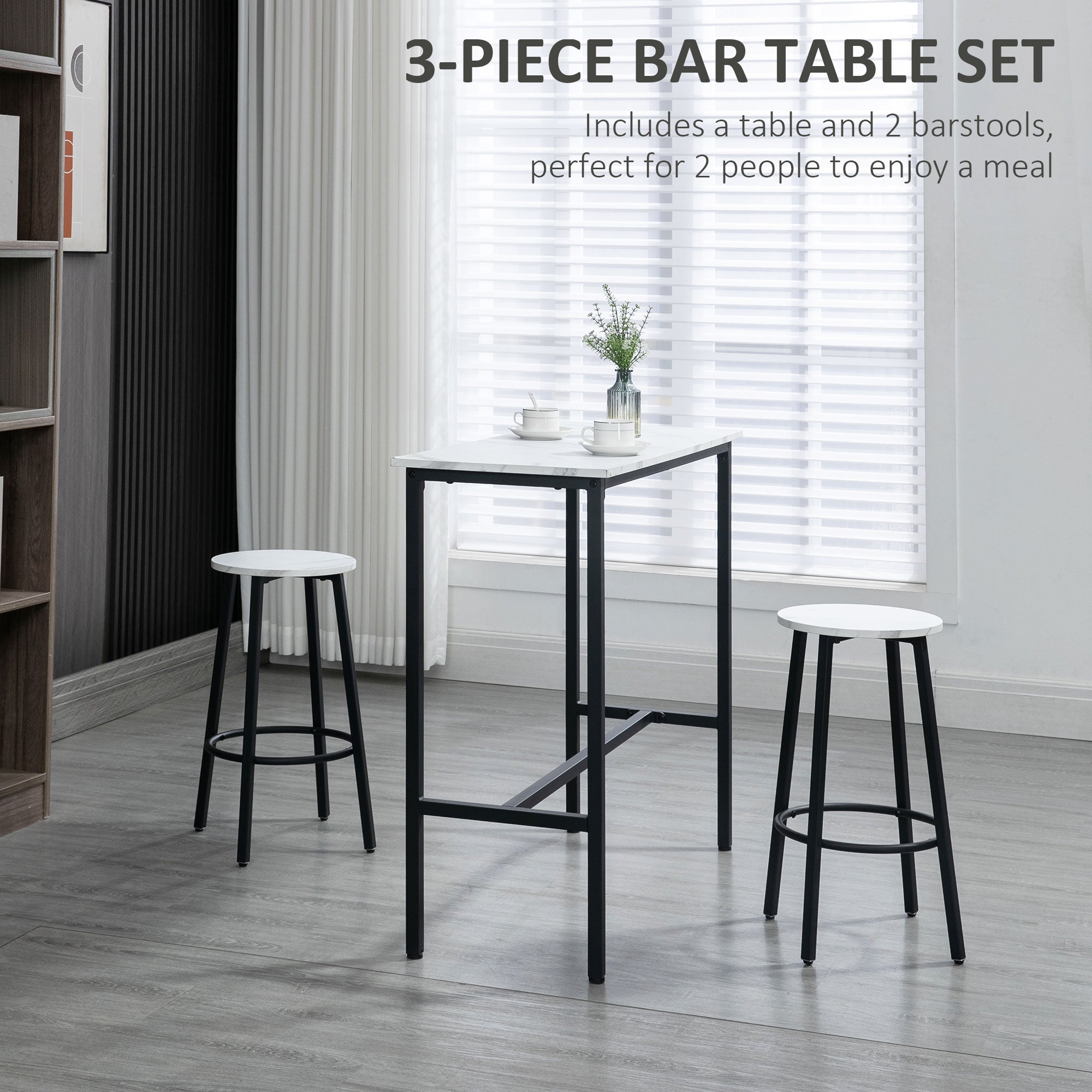 HOMCOM Three-Piece Marble-Effect Bar Table Set - White/Black - North Peak Garden Furniture