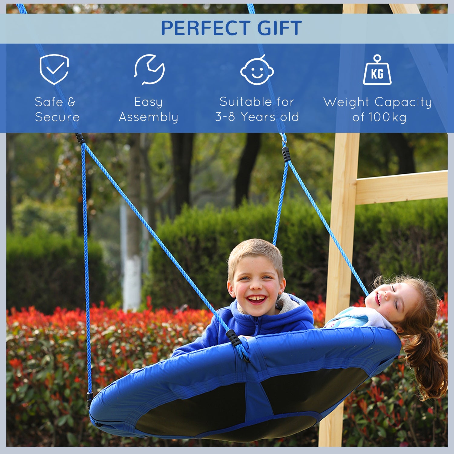 HOMCOM Kid Nest Swing Seat Saucer Tree Swing 40 Inch/100cm for Outdoor Indoor Blue - North Peak Garden Furniture
