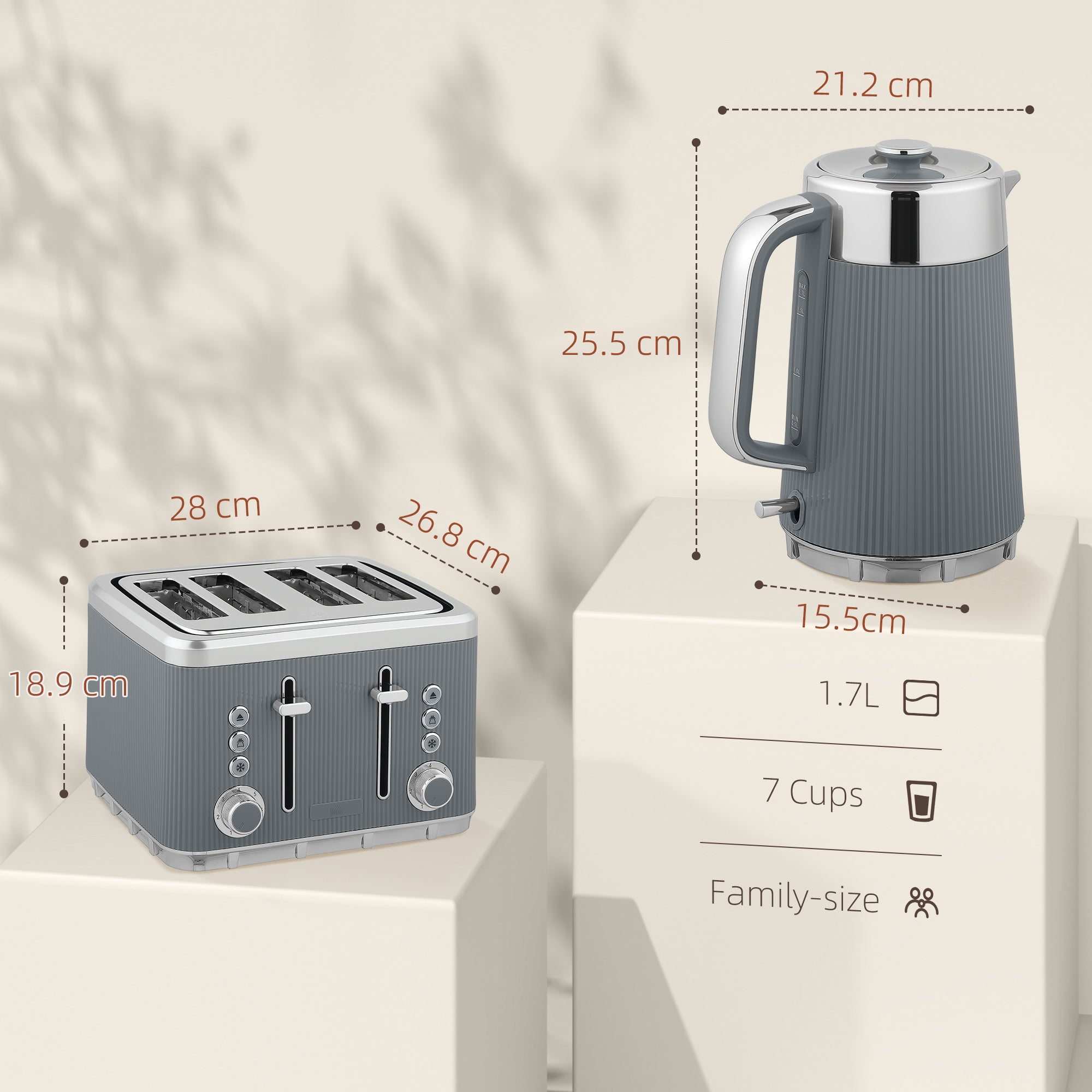 HOMCOM Electric Kettle and Toaster Set, 3000W 1.7L UK Strix Thermostat Rapid Boil Jug Kettle with Limescale Filter, Cool Touch Body, 4 Slice Toaster with 7 Browning Controls, Crumb Tray, Grey