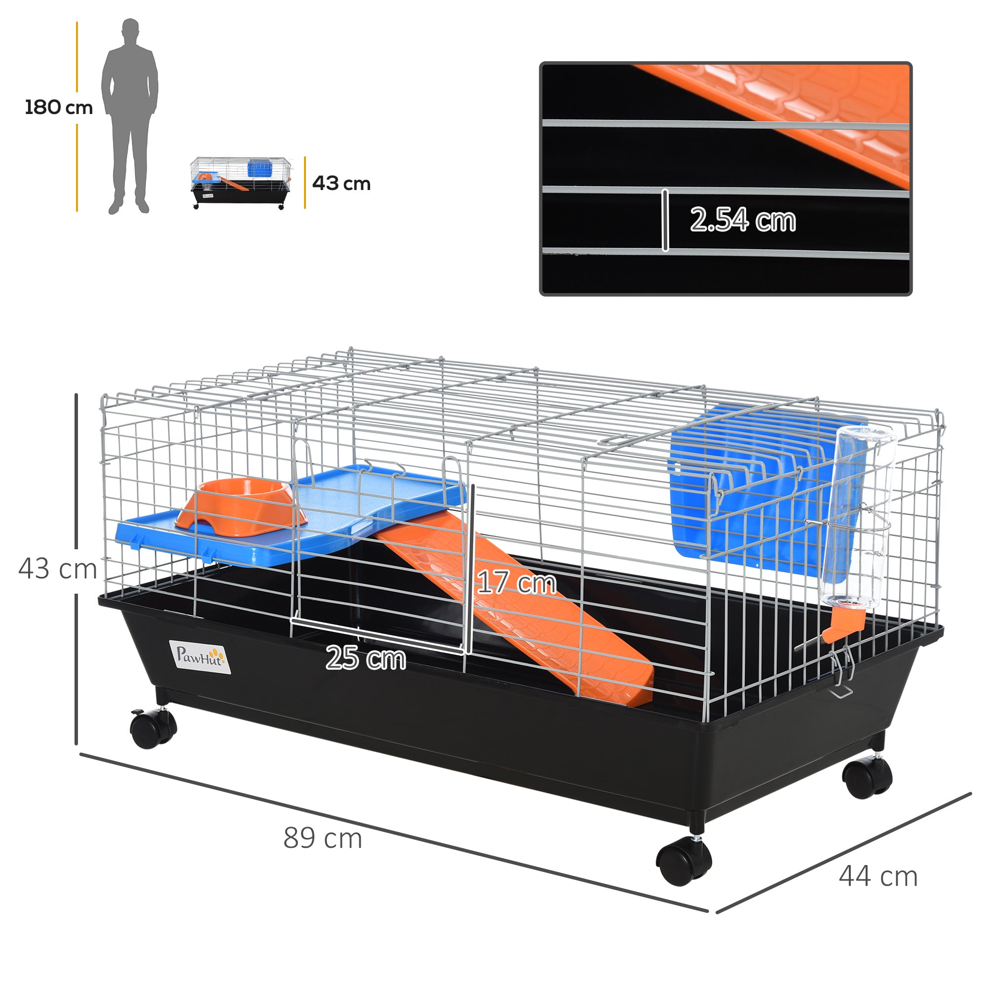 PawHut Small Animal Cage Rabbit Guinea Pigs Chinchillas Cage w/ Wheels Water Bottle Food Dish Platform Ramp 89 x 44 x 43 cm Black - North Peak Garden Furniture