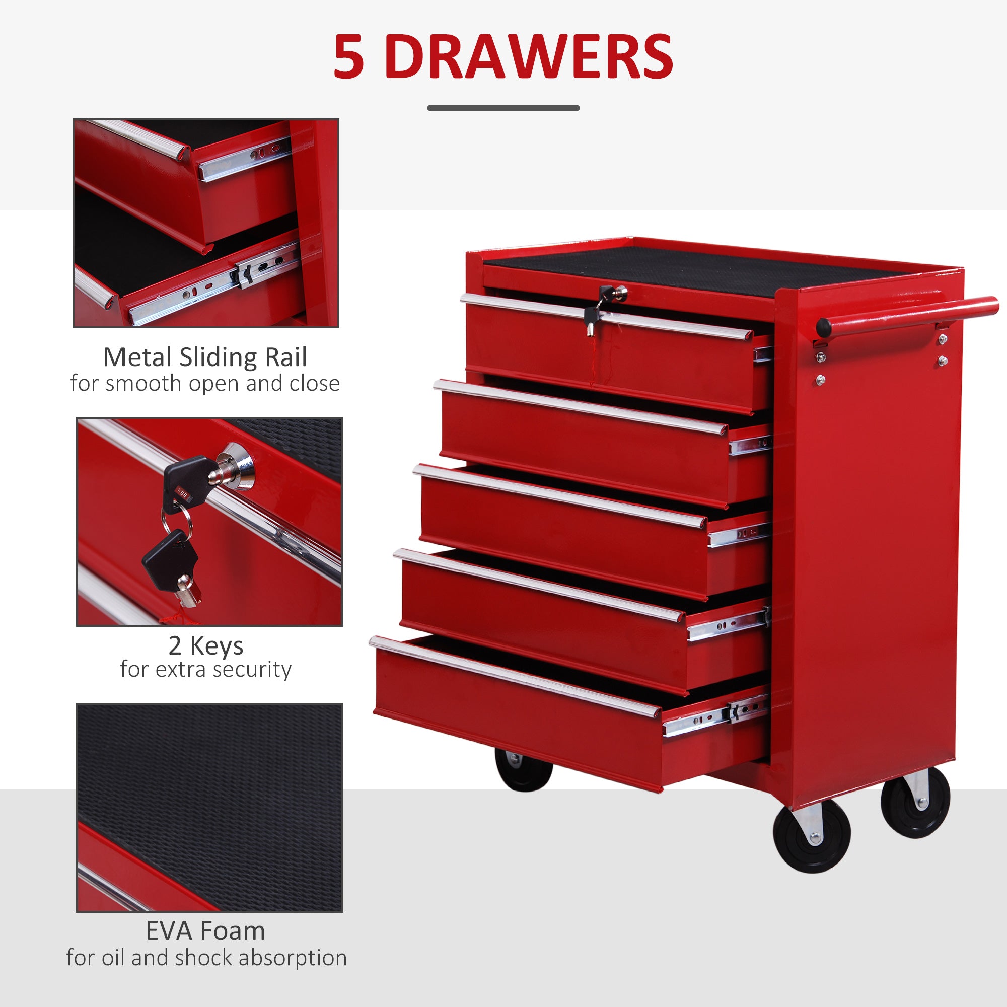 HOMCOM 5 Drawer Tool Chest on Wheels, Lockable Steel Tool Trolley with Side Handle for Workshop, Garage, Red - North Peak Garden Furniture