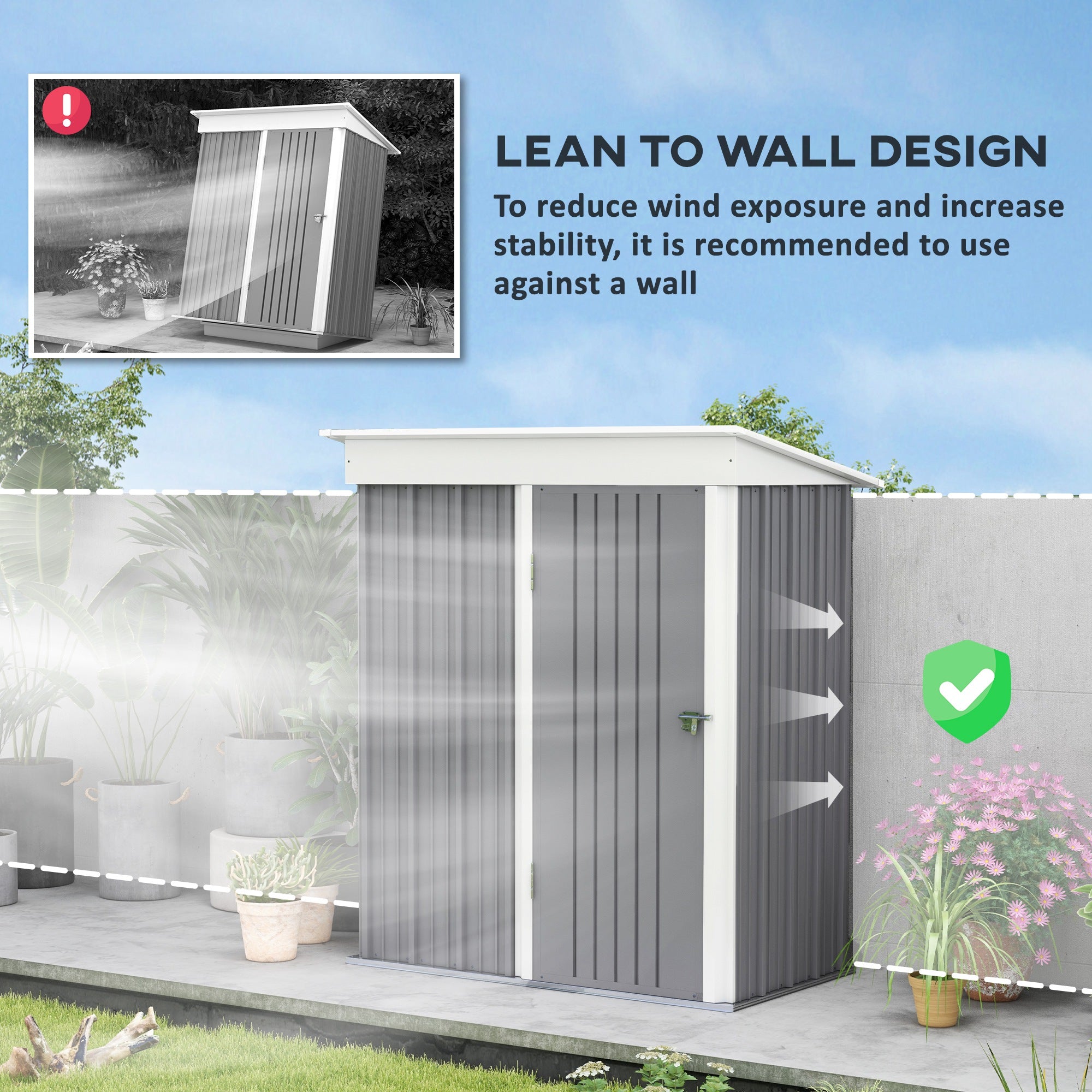 Outsunny Metal Garden Shed, Outdoor Lean-to Shed for Tool Motor Bike, with Adjustable Shelf, Lock, Gloves, 5'x3'x6', Grey - North Peak Garden Furniture