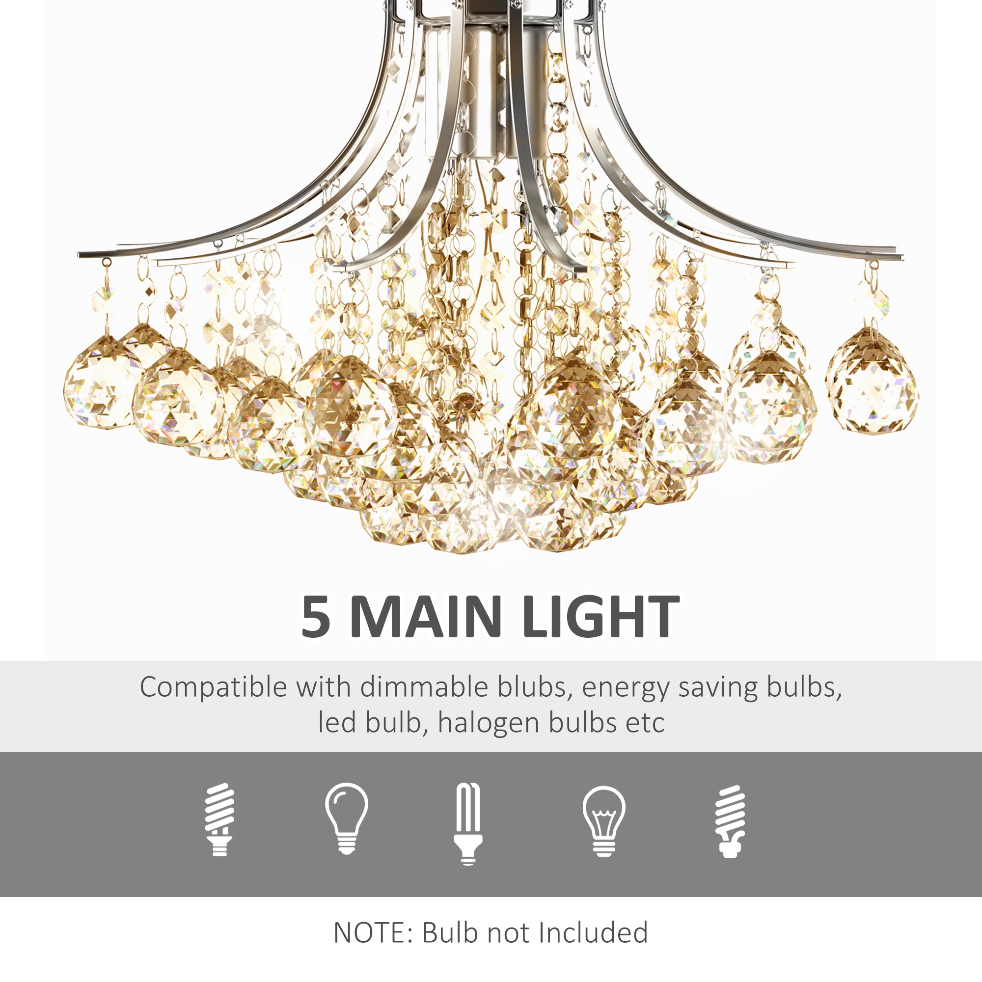 HOMCOM 3 Lights Mordern Style Ceiling Chandelier Pendant Crystal Light w/ Transparent K9 Crystal Droplets D40 X 28H (CM)