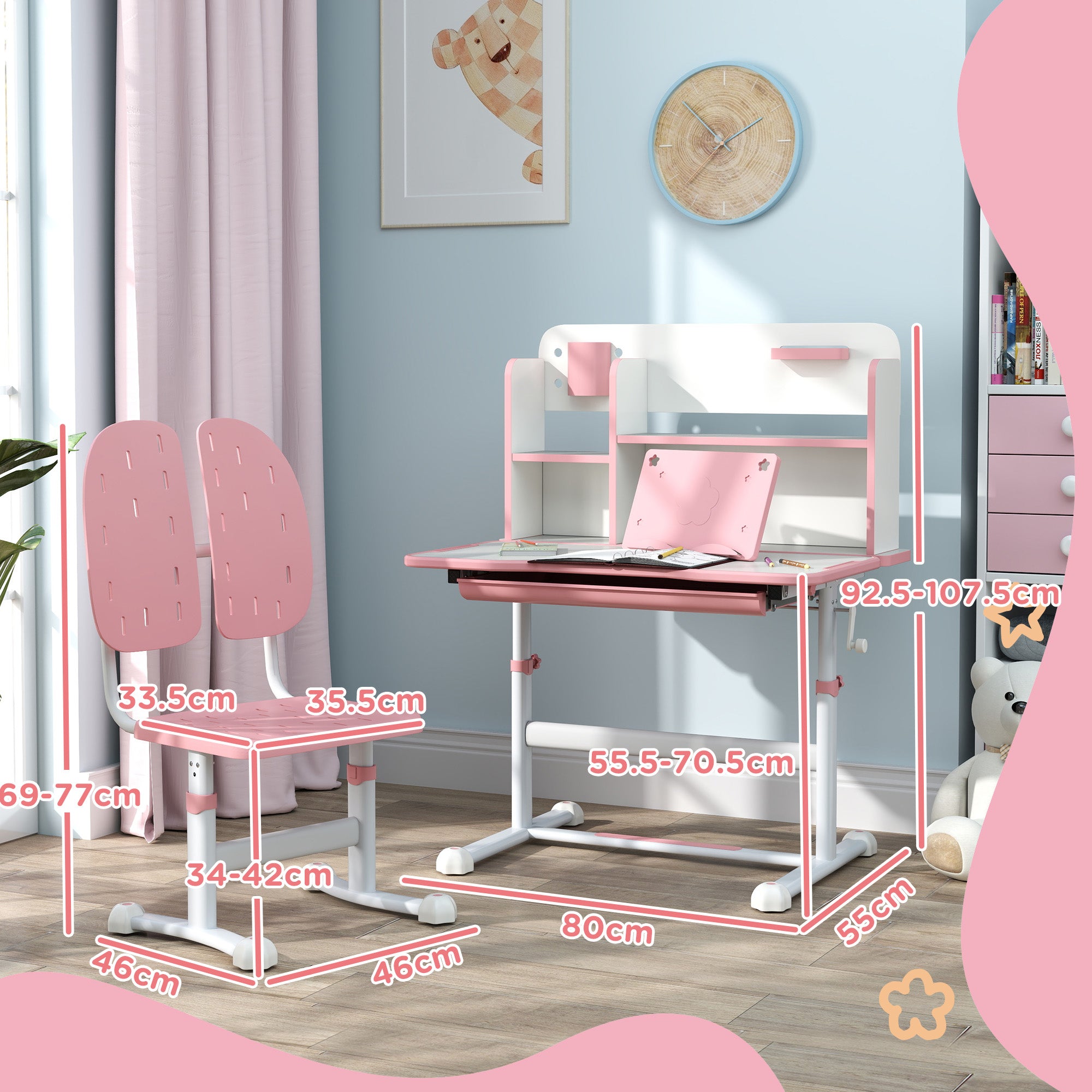 AIYAPLAY Height Adjustable Kids Desk and Chair Set, Children School Study Desk with Tiltable Desktop, Reading Rack, Pink - North Peak Garden Furniture
