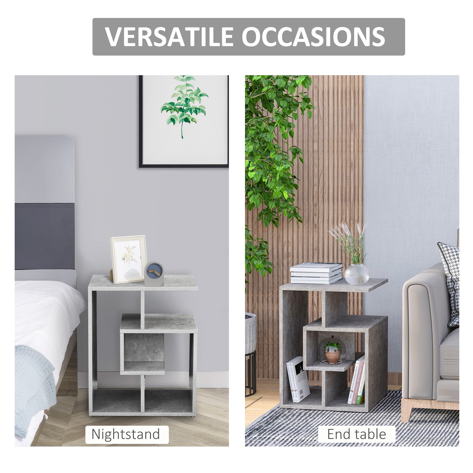 HOMCOM Side Table, 3 Tier End Table with Open Storage Shelves, Living Room Coffee Table Organiser Unit, Set of 2, Cement Colour - North Peak Garden Furniture