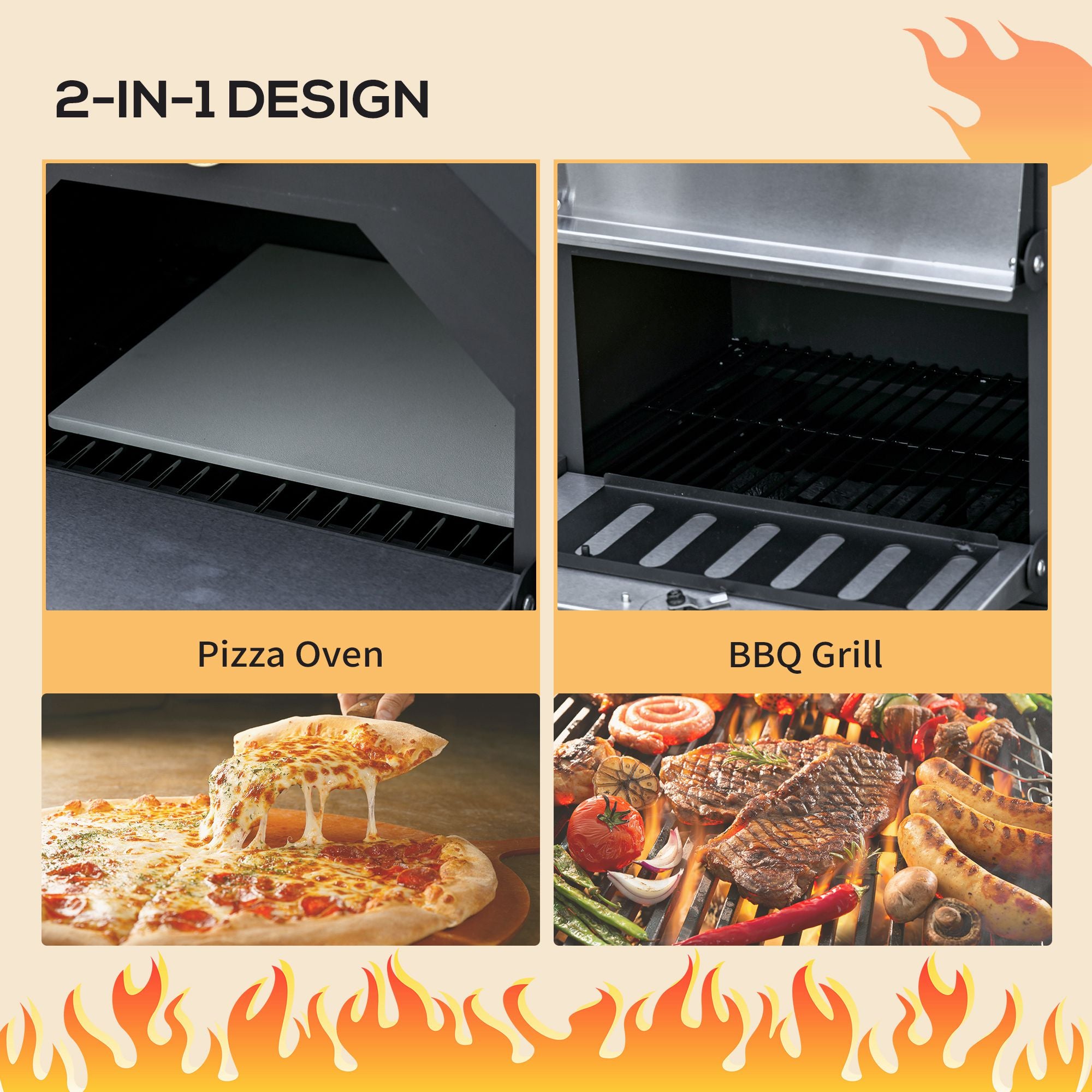 Outsunny Outdoor Garden Pizza Oven Charcoal BBQ Grill 3-Tier Freestanding w/ Chimney, Mesh Shelf, Thermometer Handles, Wheels Garden Party Gathering Stainless Steel Cooker - North Peak Garden Furniture