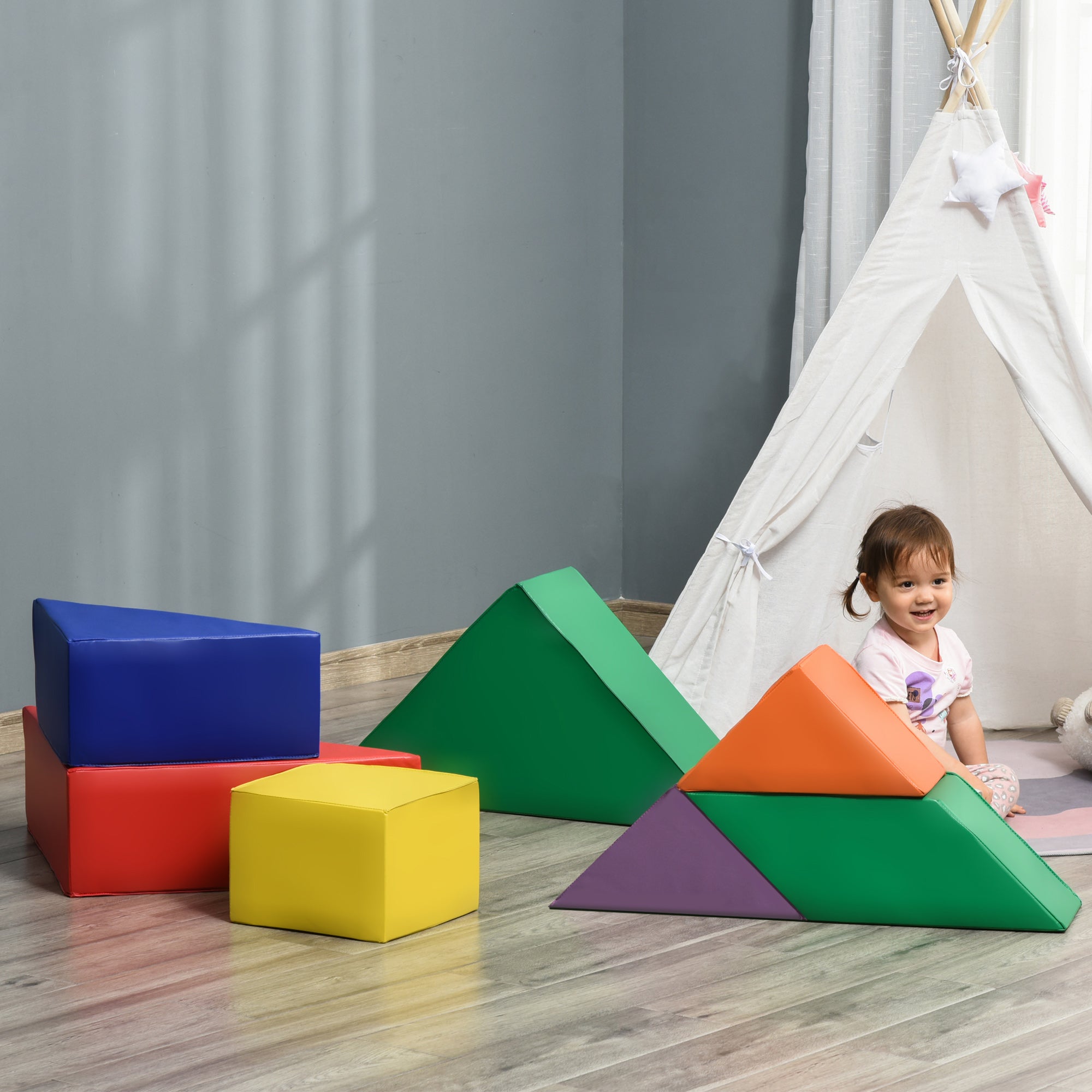HOMCOM 7 Piece Kids Soft Foam Puzzle Play Set Interlocking Toddler Learning Blocks Comfortable Safe Floor Indoor Outdoor Active Play Structure - North Peak Garden Furniture