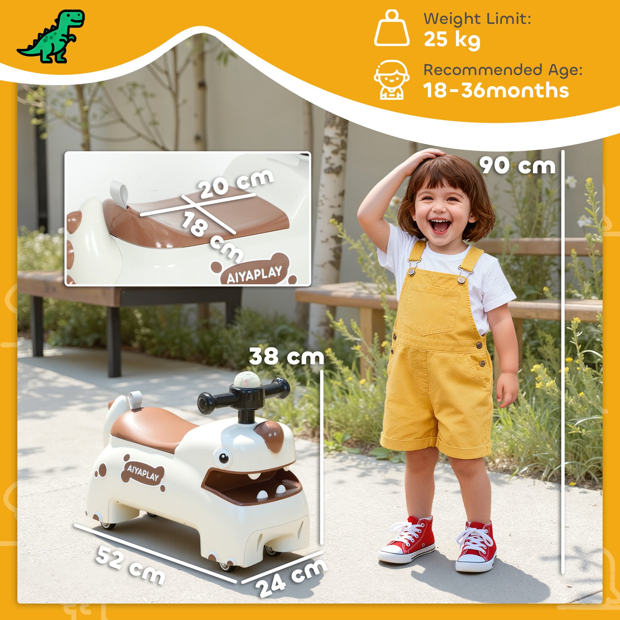 AIYAPLAY Kids Ride On Car, Dinosaur Foot to Floor Slider with Storage, Toddler Walker with Light, Sounds, Cream