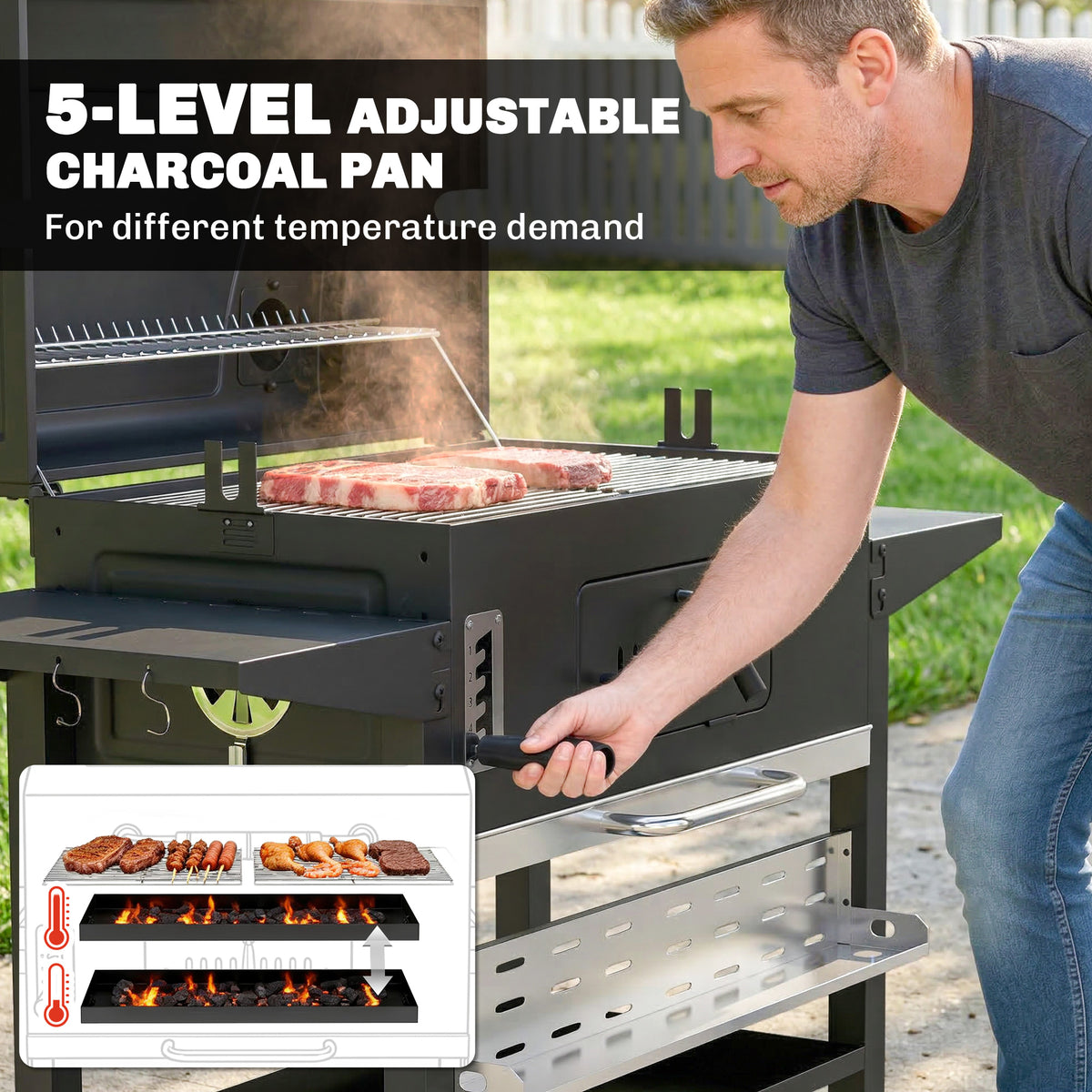 Outsunny Charcoal BBQ Grill Smoker with Electric Rotisserie Kit, Portable Barbecue Grill with Warming Rack, Black
