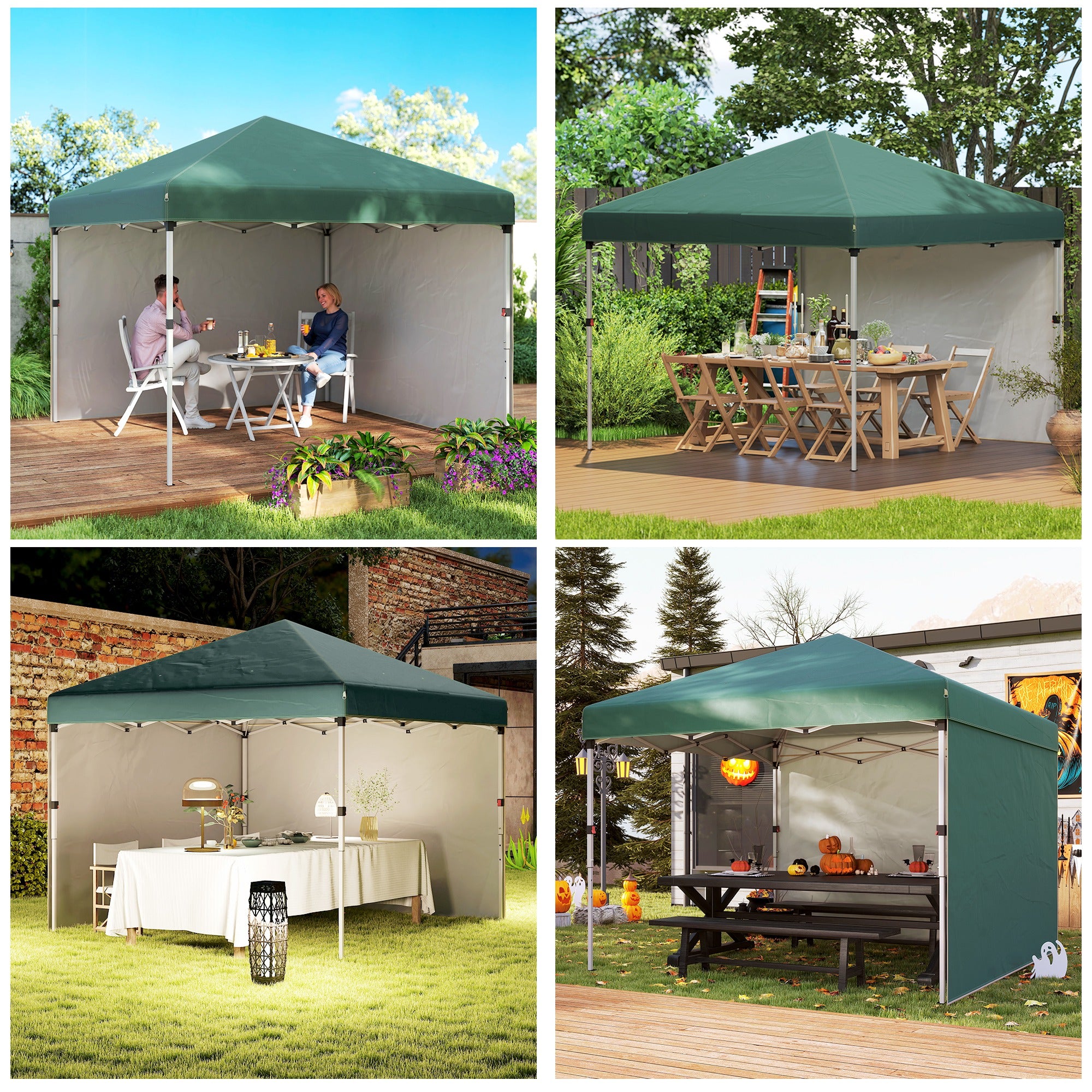 Outsunny 3 x 3 (M) Pop Up Gazebo, UPF 30+ with 2 Sidewalls, Leg Weight Bags and Wheeled Bag, Height Adjustable Party Tent Event Shelter for Garden, Patio, Green - North Peak Garden Furniture