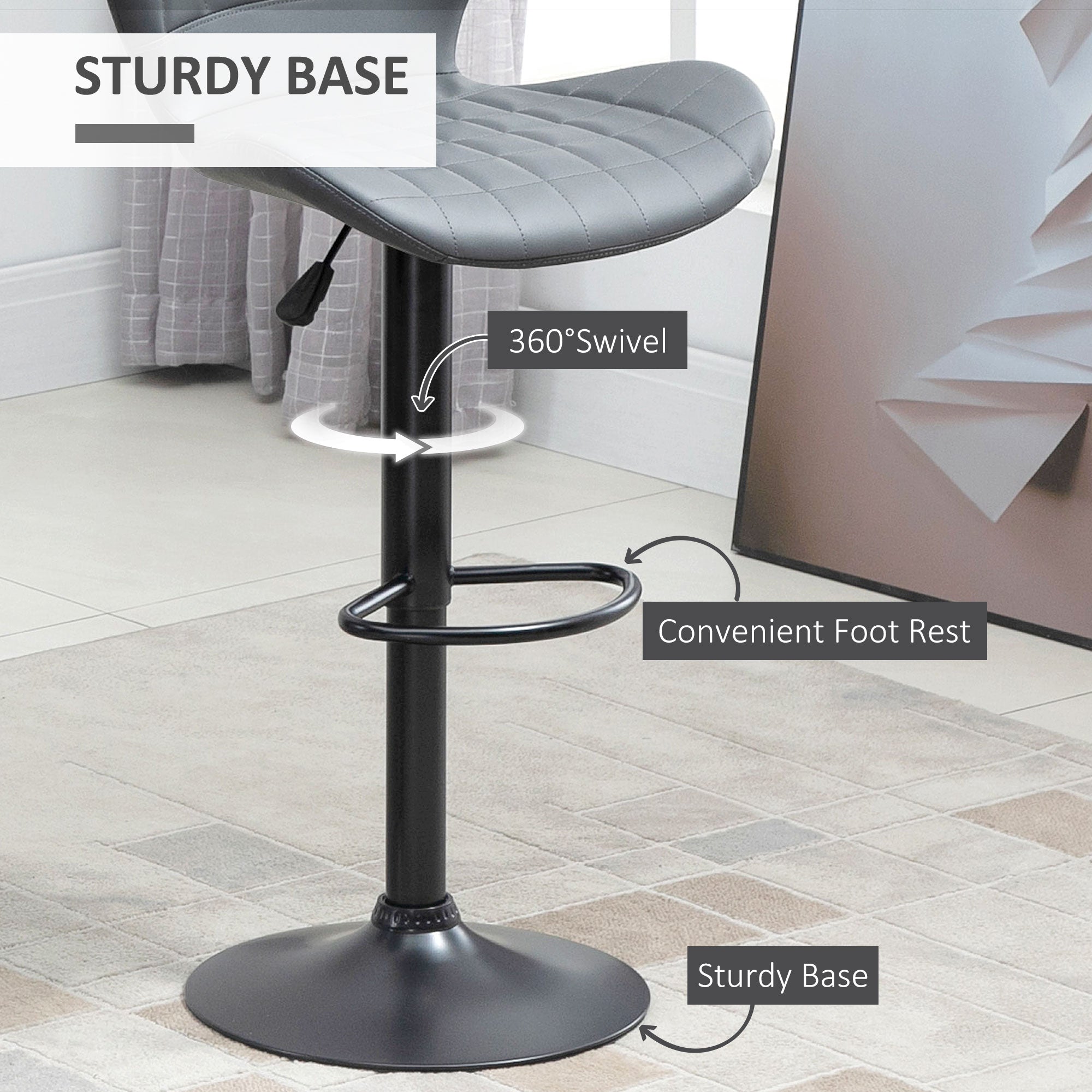 HOMCOM Bar Stools Set of 2 Adjustable Height Swivel Bar Chairs in PU Leather with Backrest & Footrest, Grey - North Peak Garden Furniture