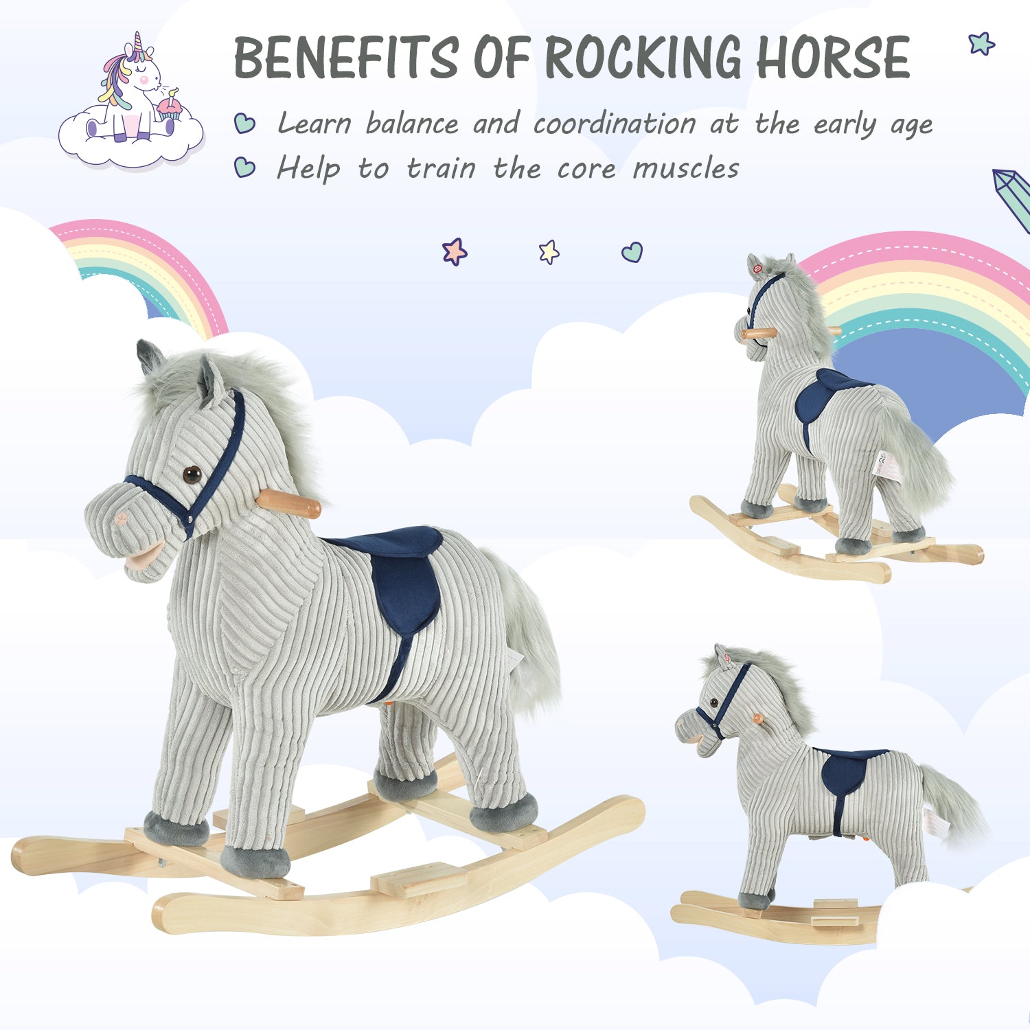 HOMCOM Kids Plush Rocking Horse w/ Sound Children Rocker Ride On Toy Gift 3-6 Years Grey