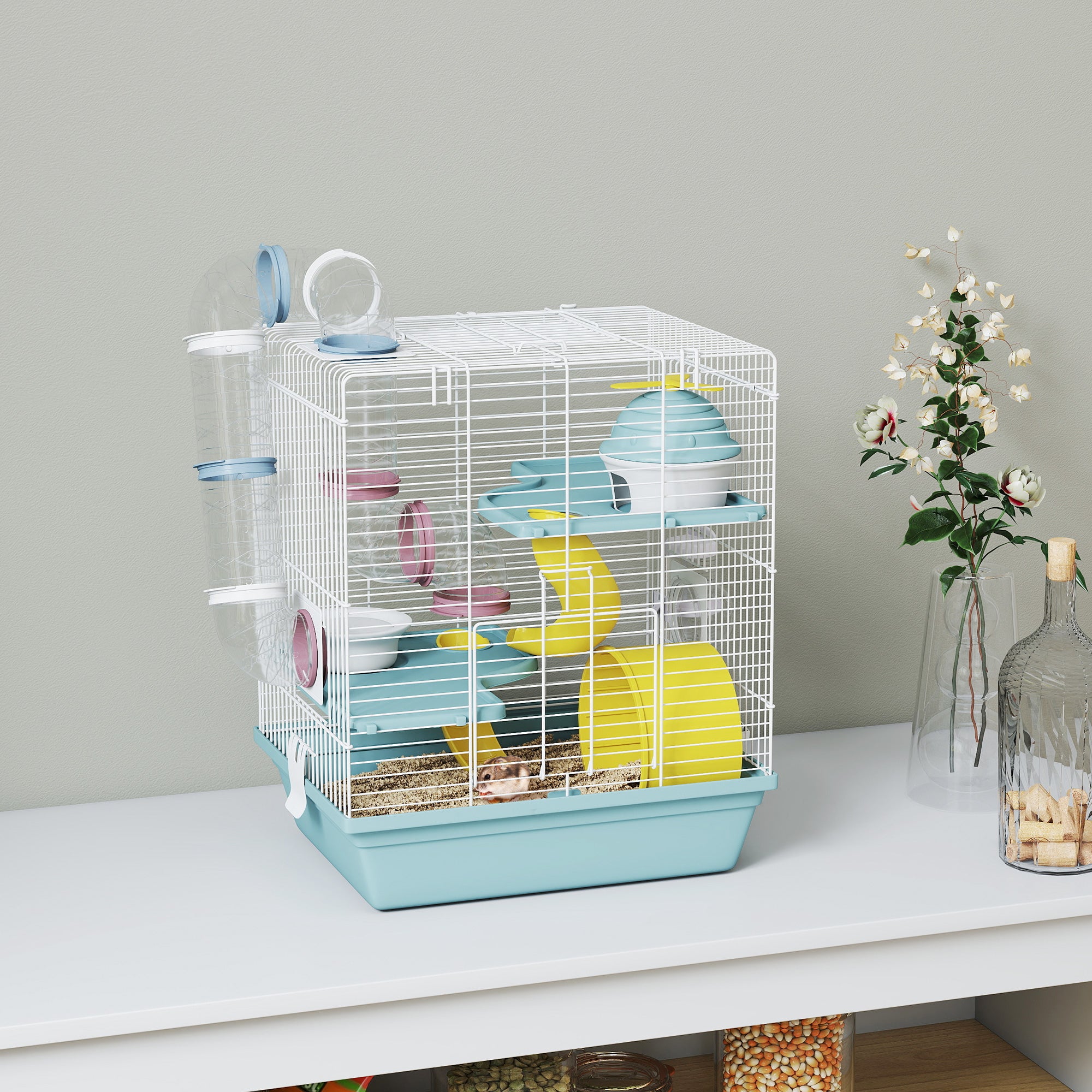 PawHut 3-Level Hamster Cage with Exercise Wheel, Water Bottle, Food Bowl, for Dwarf Hamsters, 34.5 x 27.5 x 41 cm, Blue