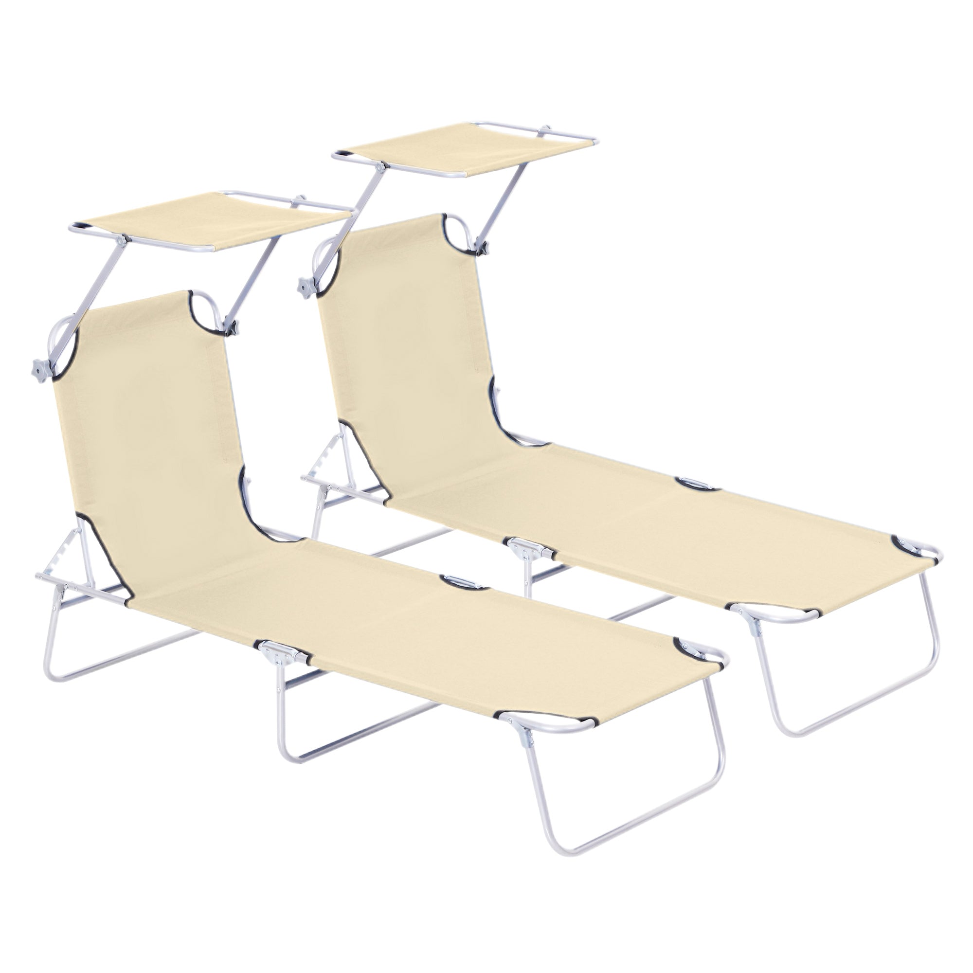 Outsunny 2 Pieces Outdoor Foldable Sun Lounger, 4 Level Adjustable Backrest Reclining Sun Lounger Chair with Angle Adjust Sun Shade Awning for Beach, Garden, Patio, Beige - North Peak Garden Furniture