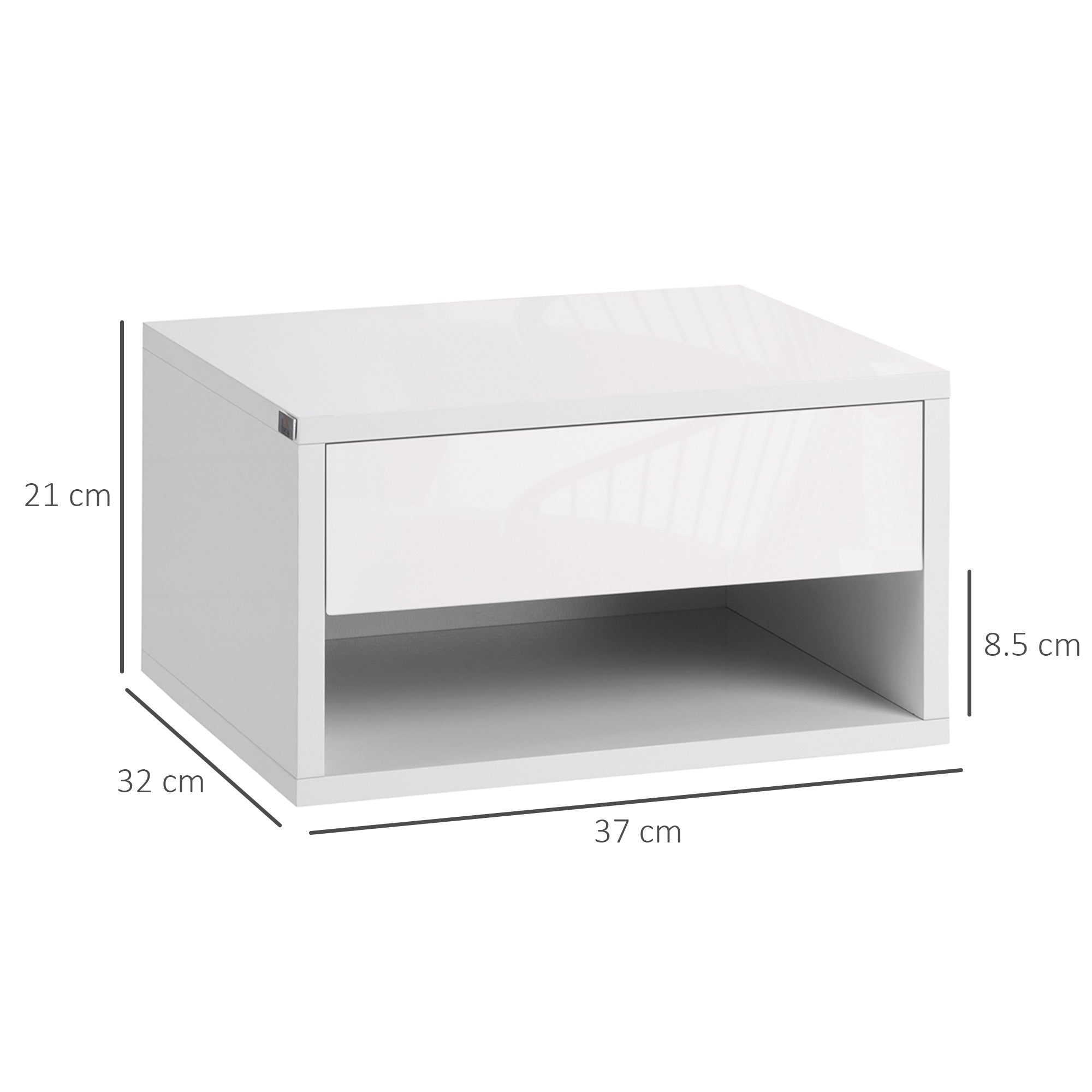 HOMCOM 2 Pieces Bedside Table Wall Mounted Nightstand with Drawer and Shelf for Bedroom, 37 x 32 x 21cm, High Gloss White - North Peak Garden Furniture
