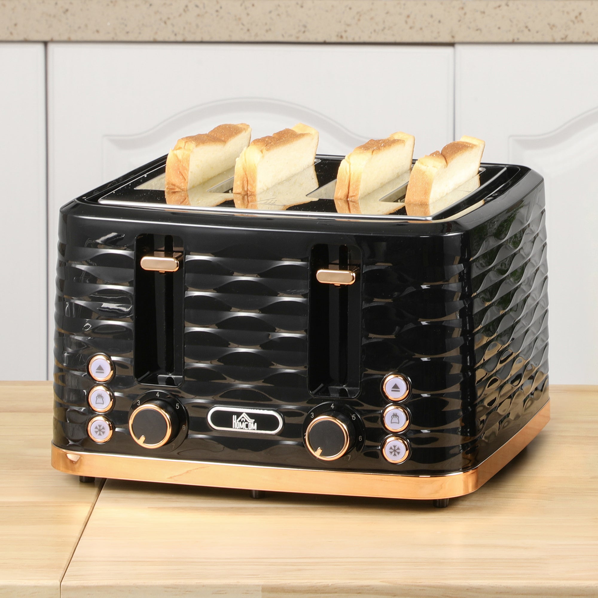 HOMCOM 4 Slice Toaster with 7 Browning Levels, High Lift, Reheat/Defrost/Cancel, Self-centring Function, Removable Crumb Tray, Auto Off, 1600W, Black Water Ripple Texture