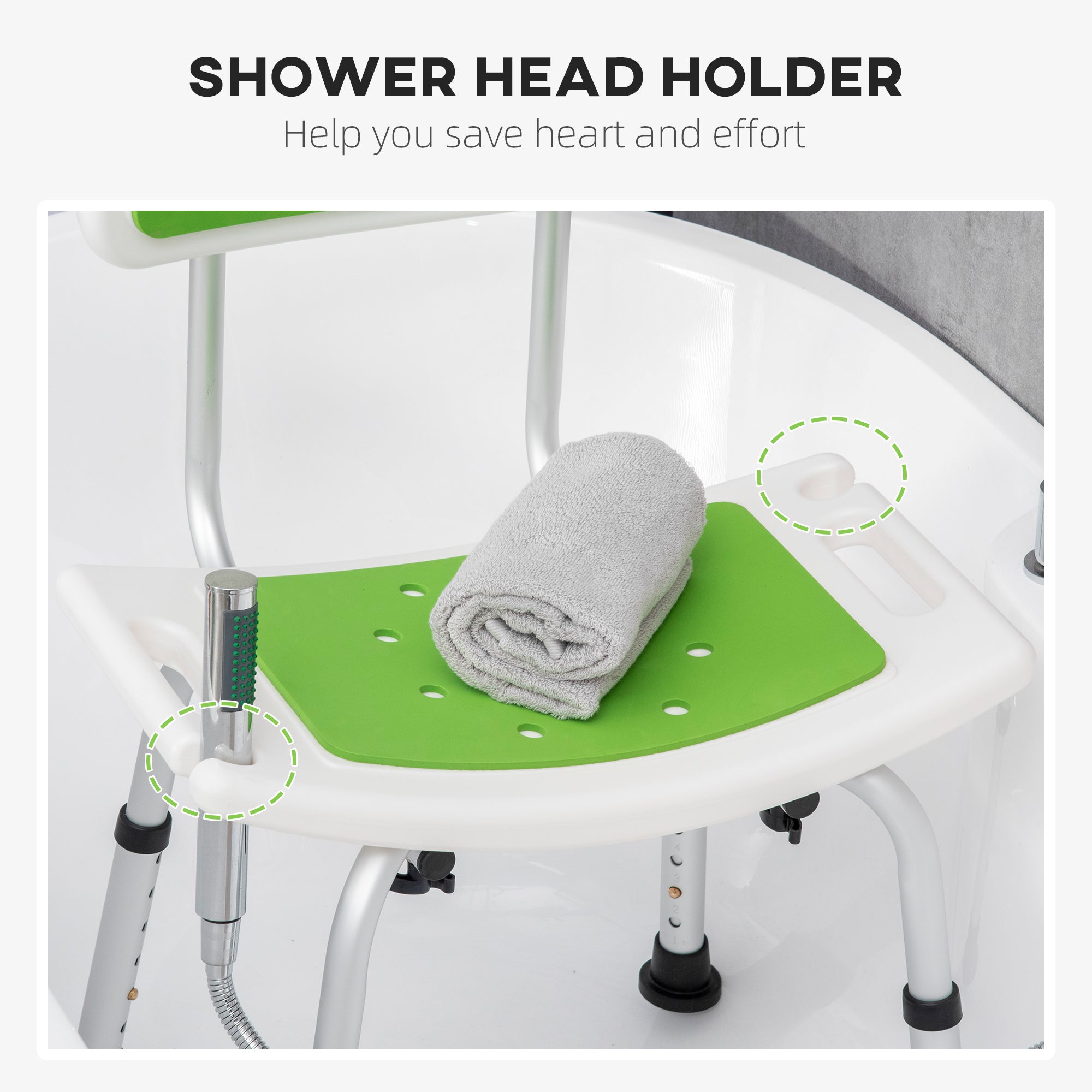 HOMCOM Shower Stool with Backrest, Height Adjustable Shower Chair with Anti-slip Foot Pads, Shower Head Holder, Green - North Peak Garden Furniture