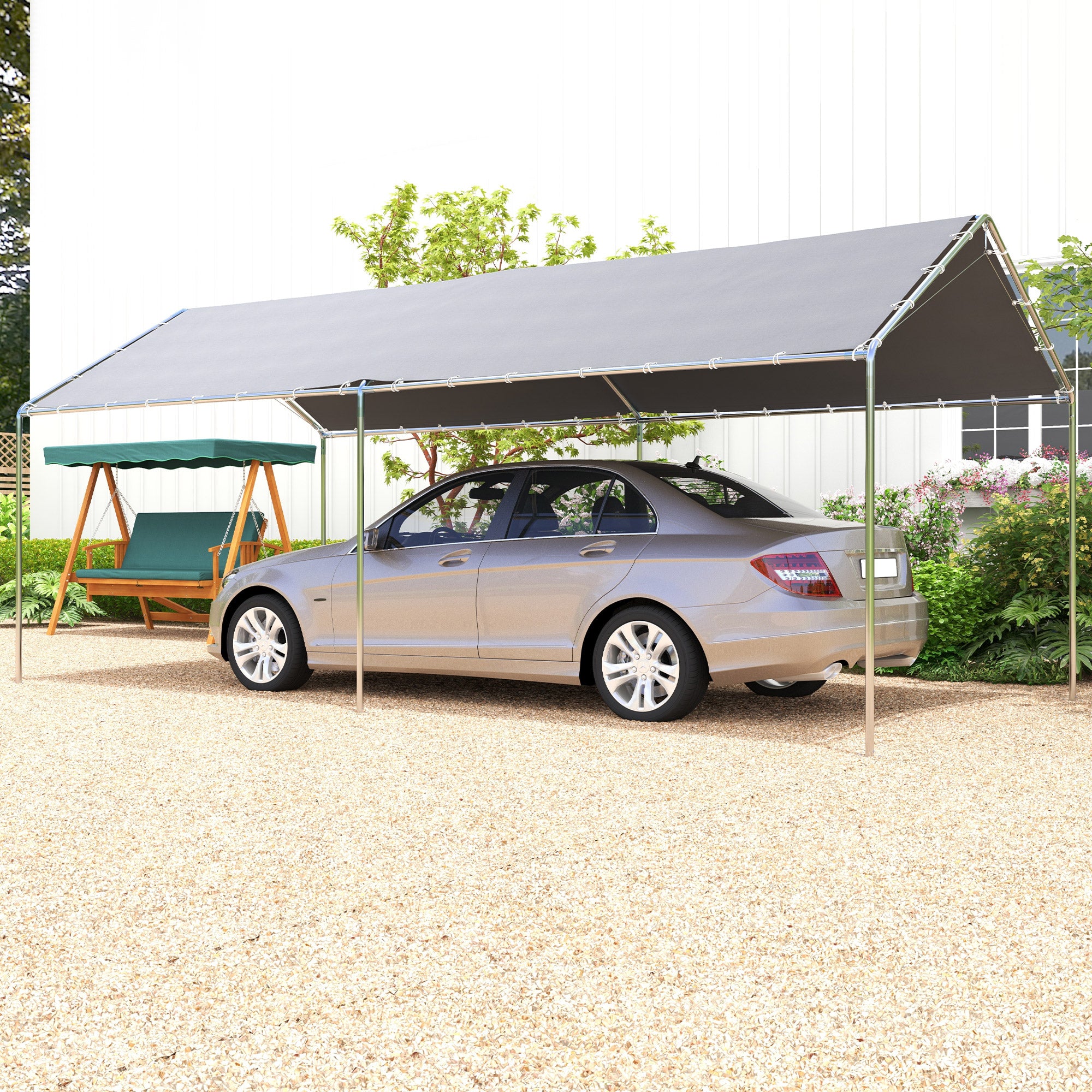 Outsunny 3 x 6m Heavy Duty Carport Garage Car Shelter Galvanized Steel Outdoor Open Canopy Tent Water UV Resistant Waterproof, Grey - North Peak Garden Furniture