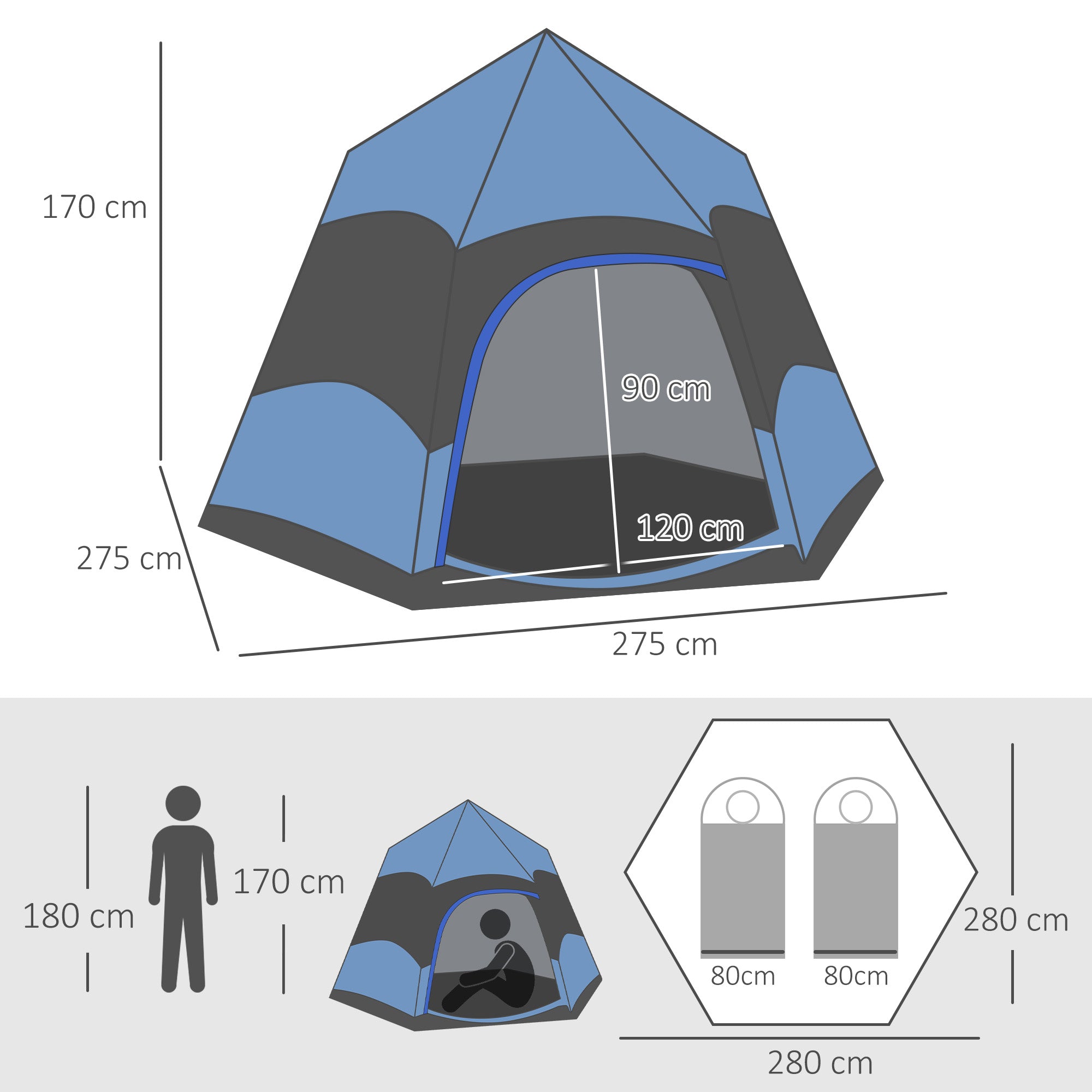 Outsunny Double Layer Dome Tent with Rainfly and Welded Floor, 4 Man Hexagon Pop Up Tent, Portable Camping Shelter with Hang Hook and Carry Bag, for Festival Hiking Family, Blue and Black - North Peak Garden Furniture