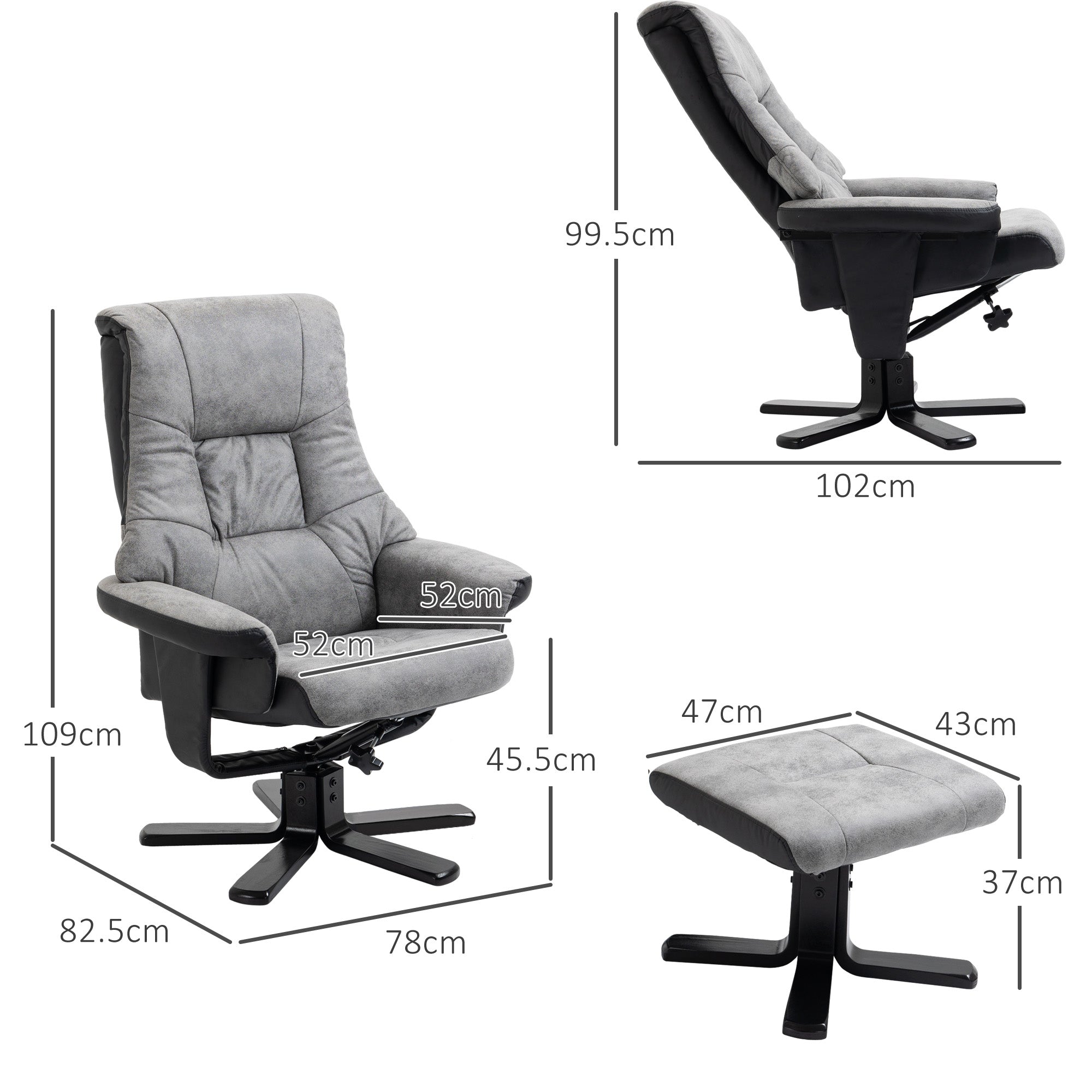 HOMCOM Fabric Recliner Sofa Armchair with footstool Swivel Sofa Grey - North Peak Garden Furniture
